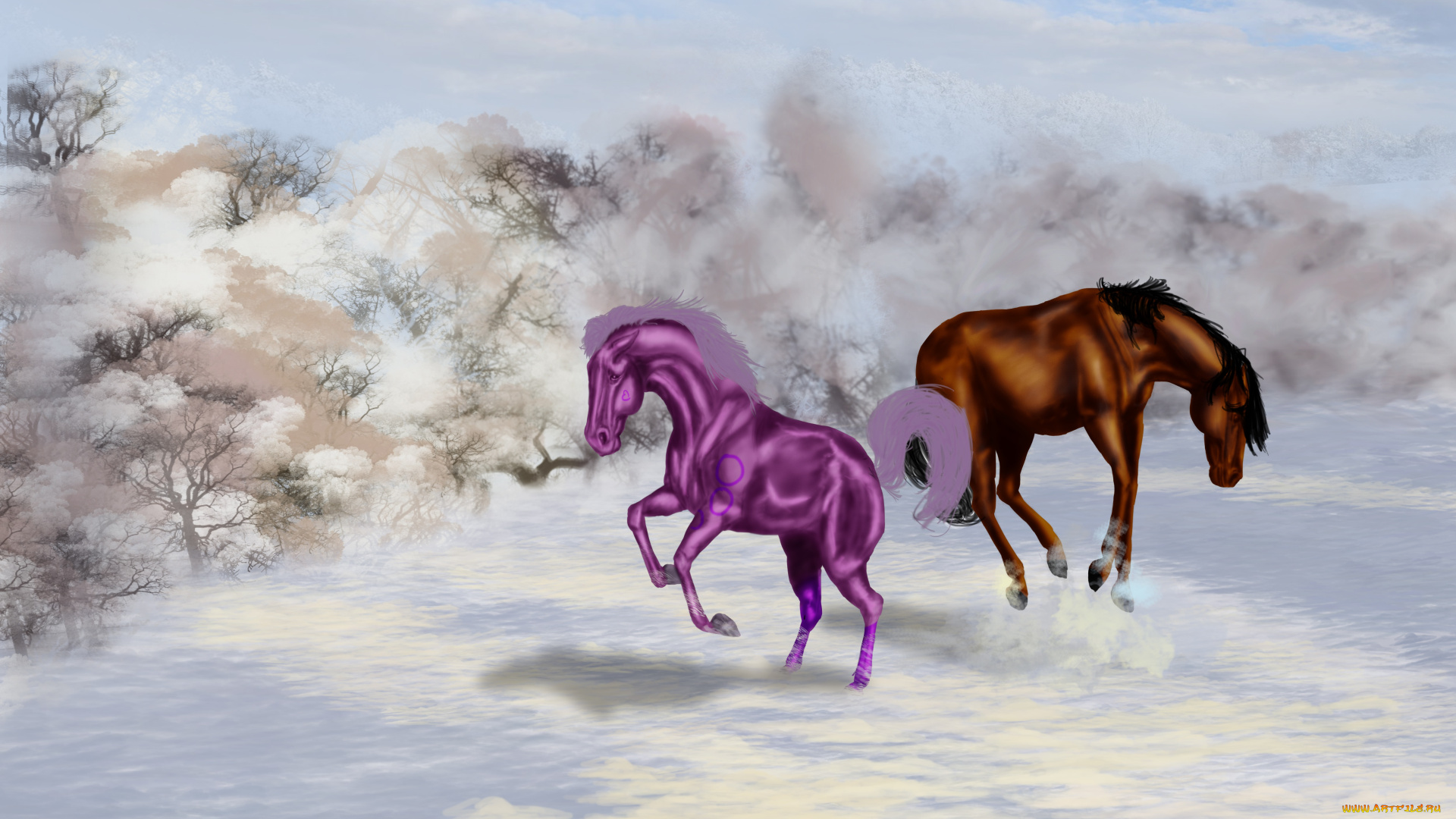 рисованные, животные, лошади, деревья, снег