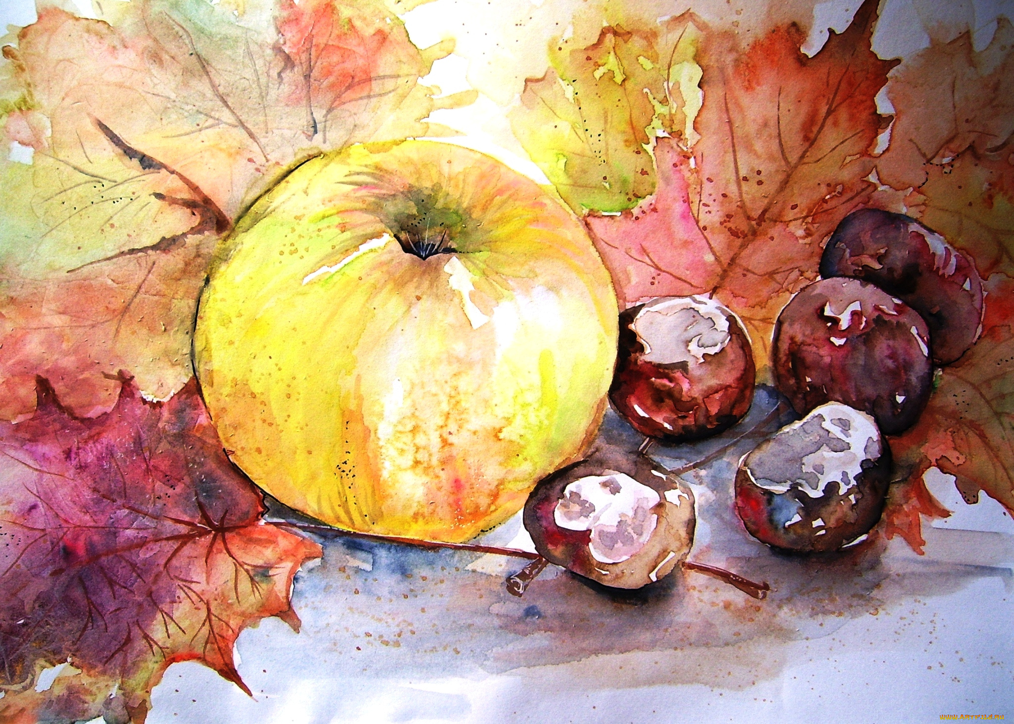 рисованные, еда, листья, каштаны, яблоко, акварель