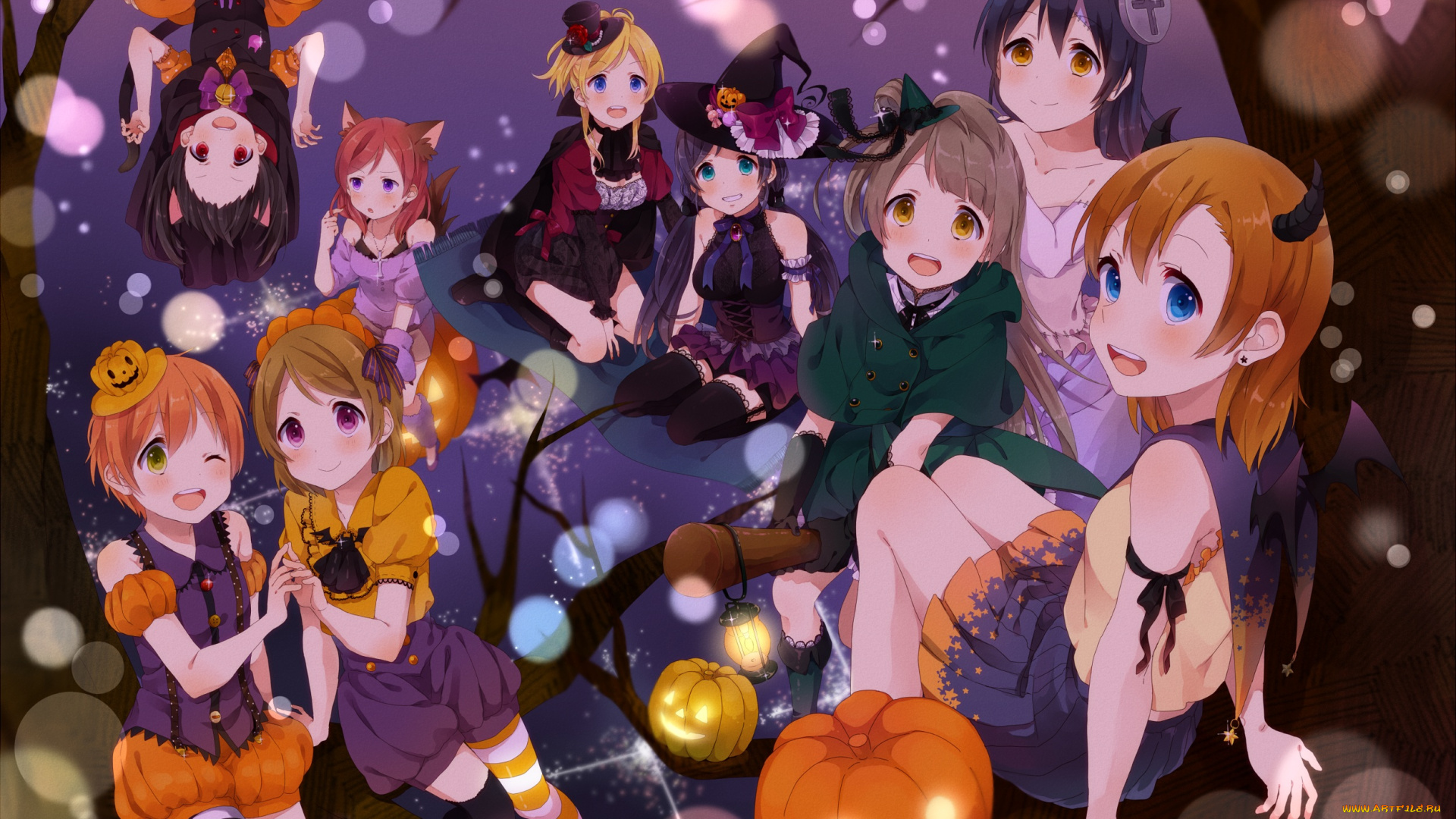 аниме, -halloween, &, magic, девушки, праздник, арт, костюмы, деревья, тыквы