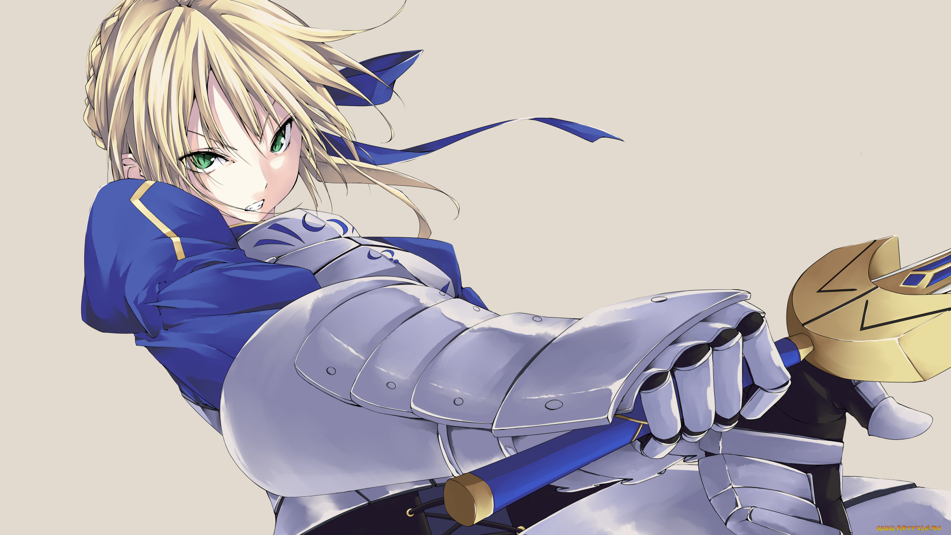 аниме, fate, stay, night, злость, девушка, фон, блондинка, оружие, saber, арт, взгляд