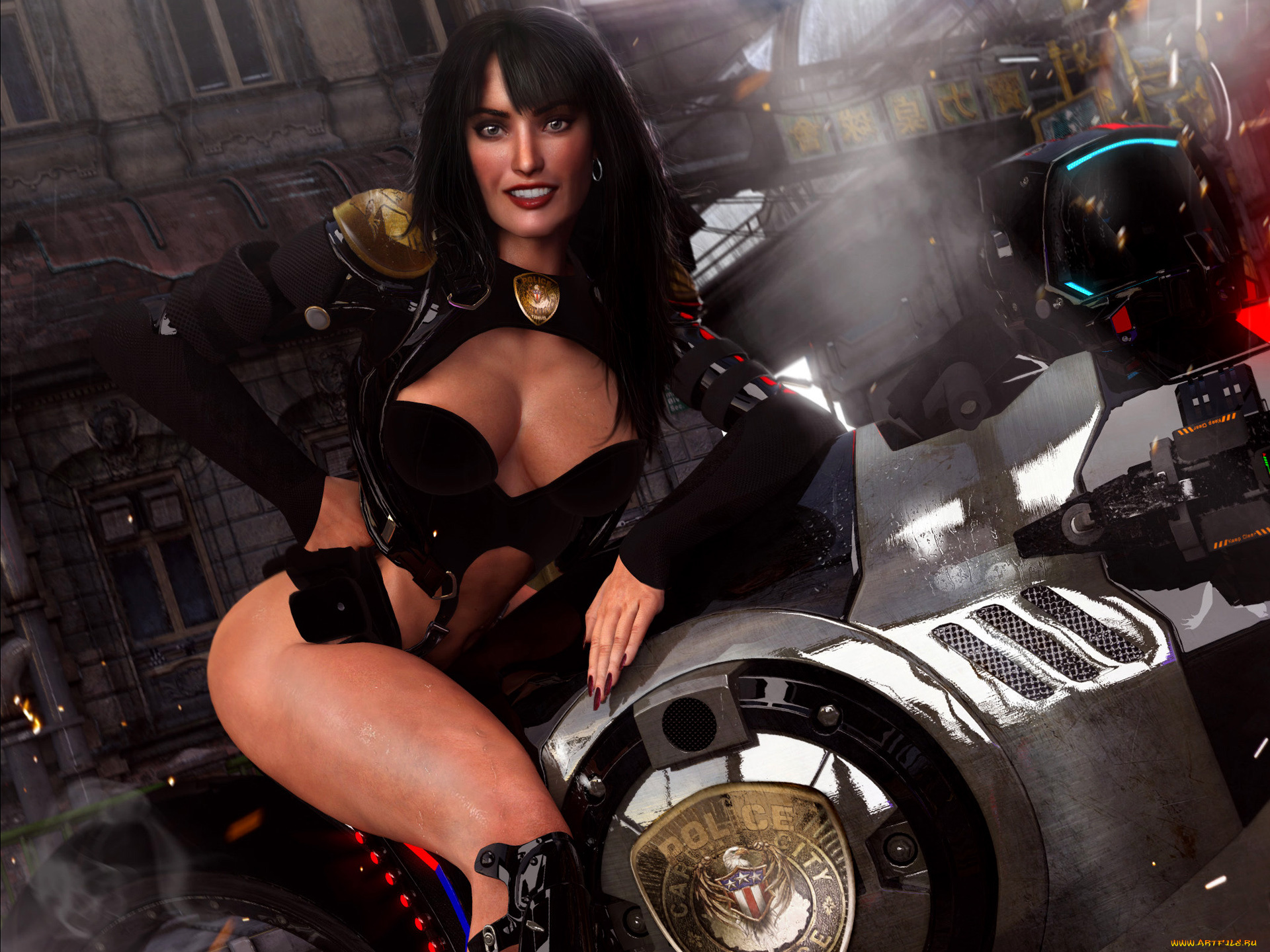 3д, графика, фантазия, , fantasy, woman, police, bike, 3d