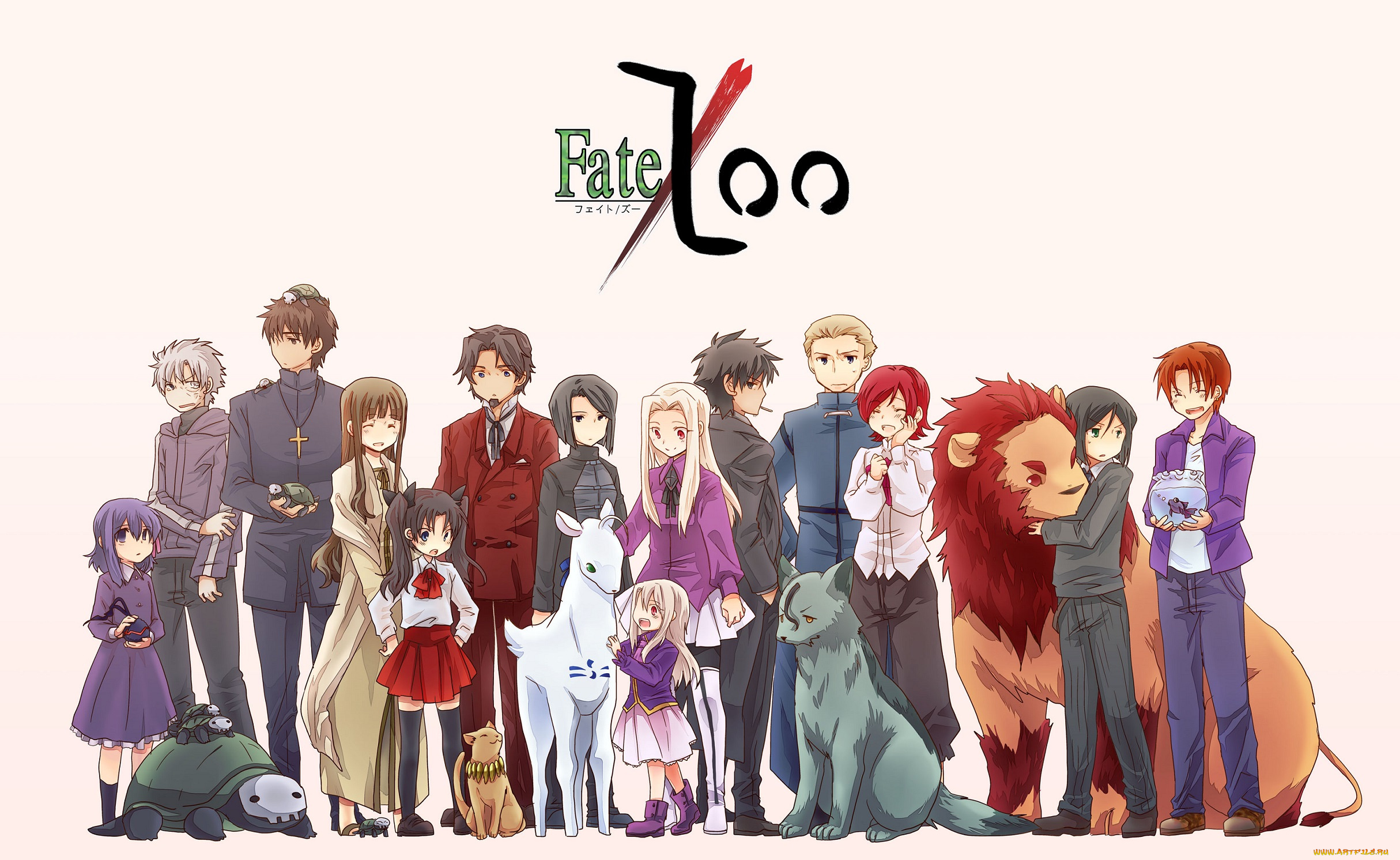 аниме, fate, zero, светлый, фон, девушки, надпись, девочка, животные, парни, арт