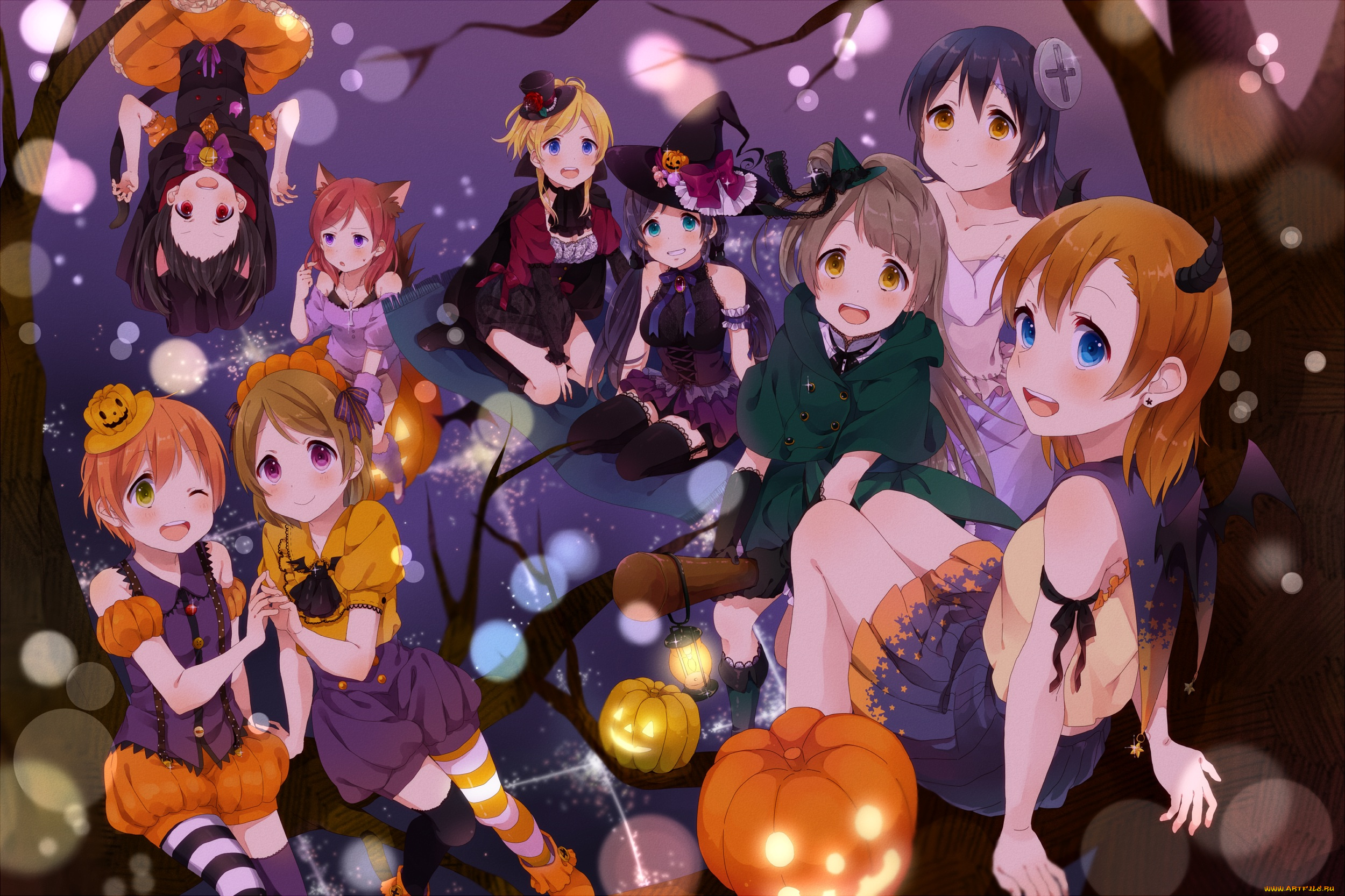 аниме, -halloween, &, magic, девушки, праздник, арт, костюмы, деревья, тыквы