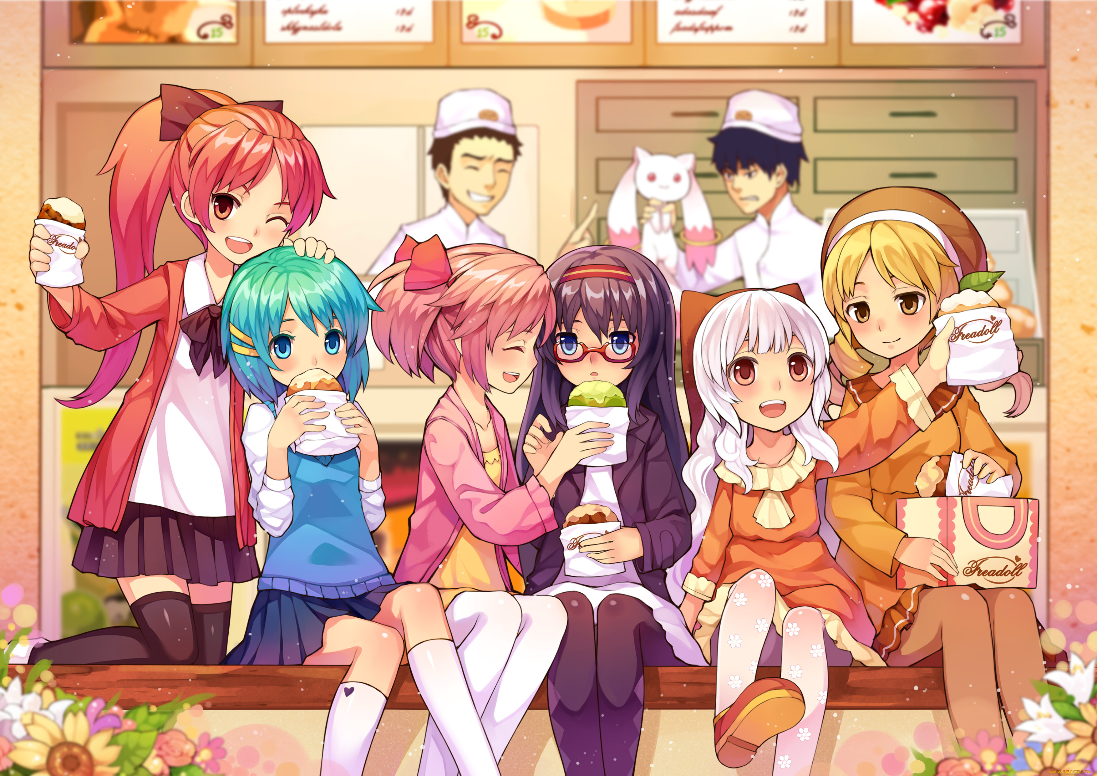 аниме, mahou, shoujo, madoka, magika, парни, меню, цветы, еда, кролик, повара, кафе, девушки