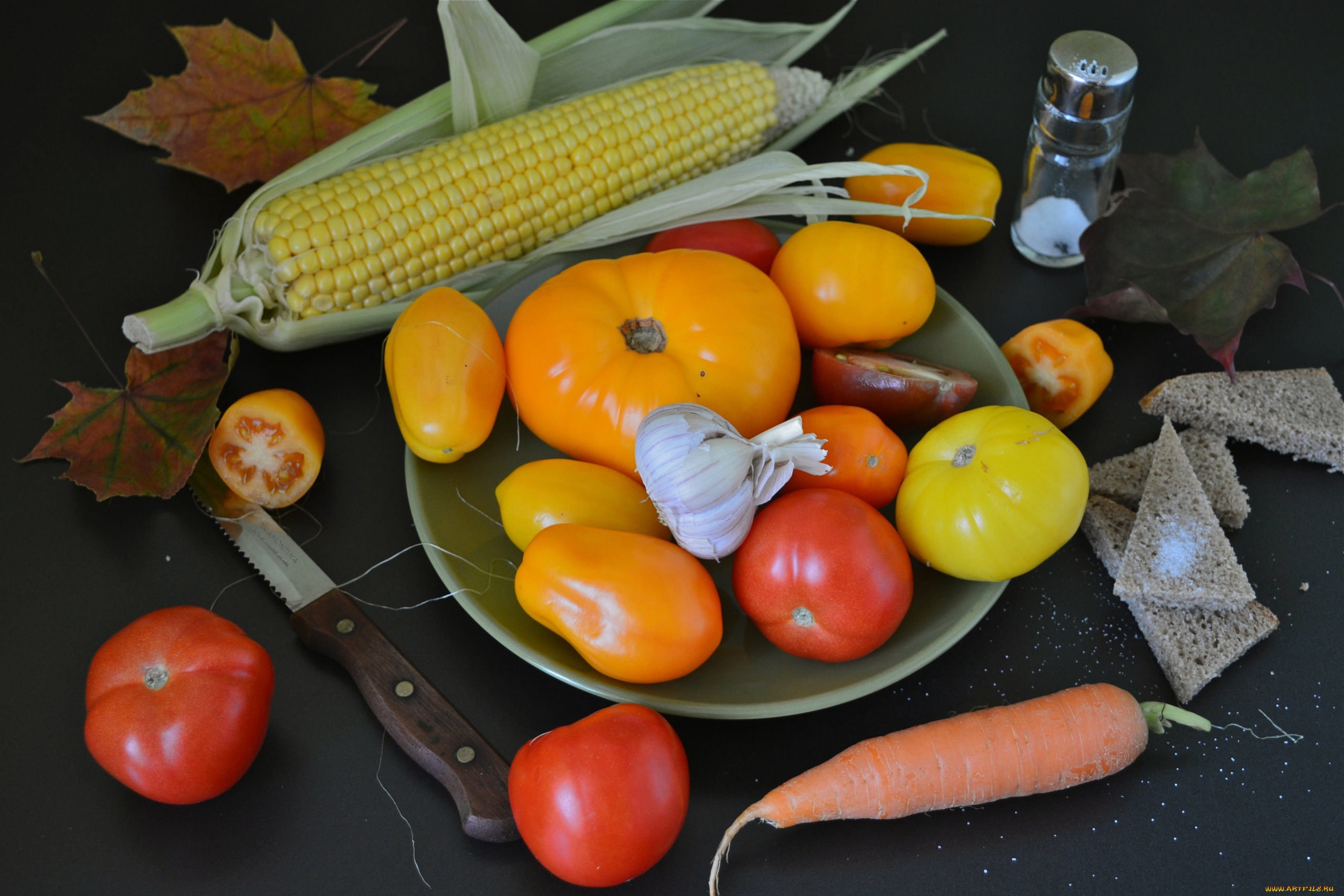 еда, овощи, кукуруза, морковь, чеснок, помидоры, томаты