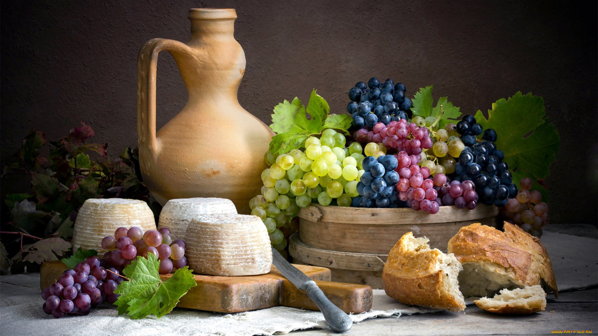 еда, разное, сыр, виноград, хлеб