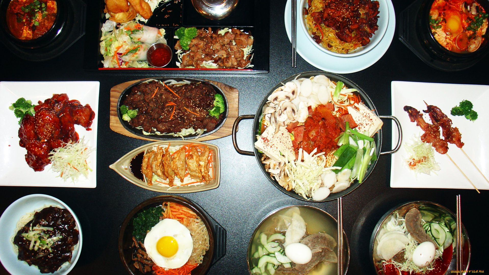 еда, разное, корейская, кухня, рис, мясо, овощи