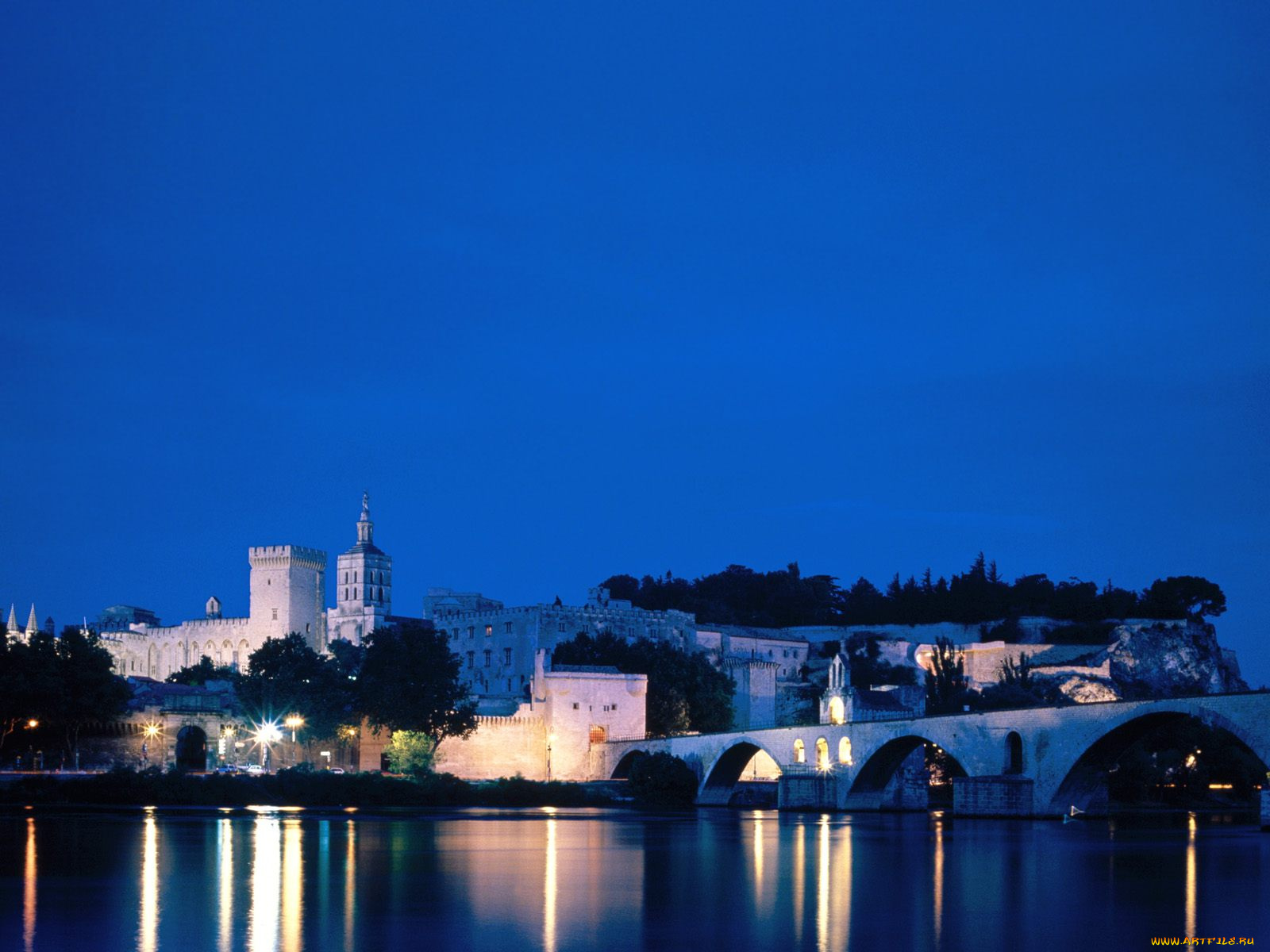 bridge, on, the, river, rhone, avignon, vaucluse, france, города, огни, ночного