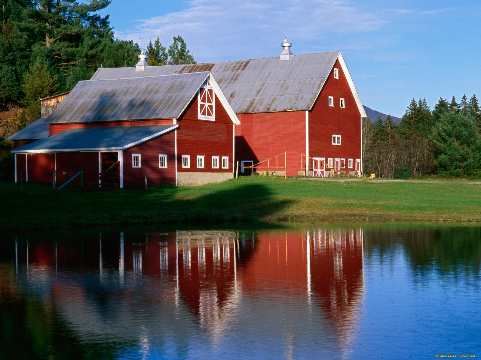 twin, barns, reflecting, in, pond, at, sunset, vermont, города