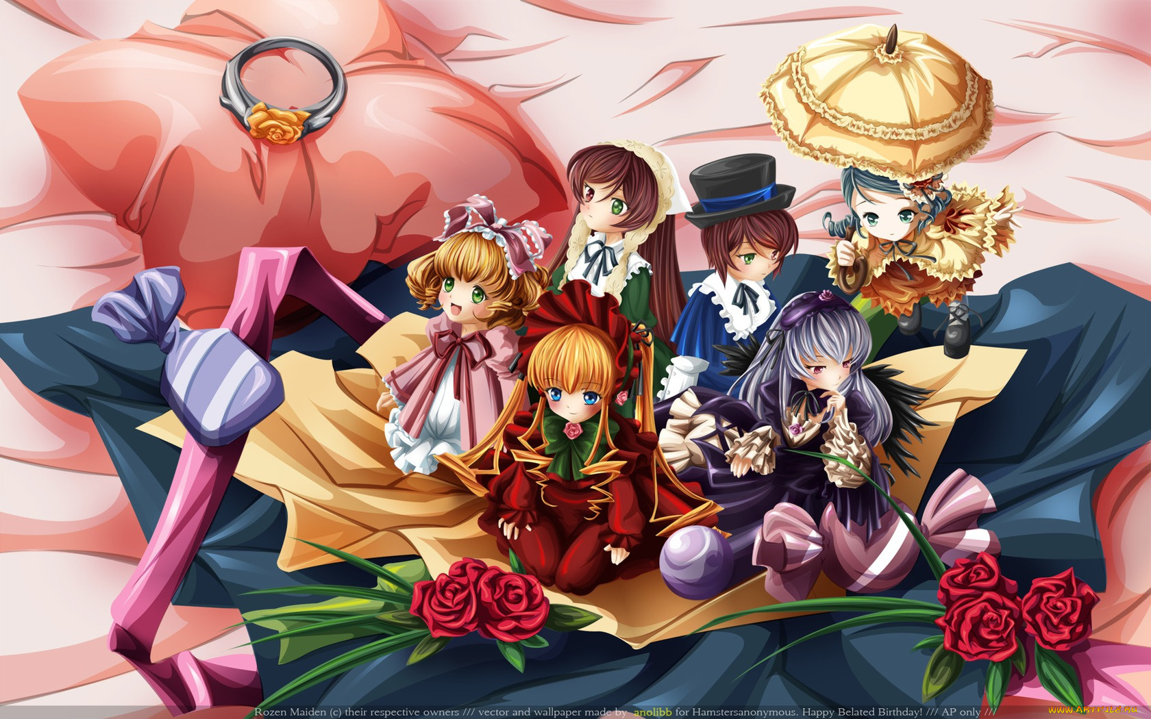 аниме, rozen, maiden, девушки, зонтик, цветы