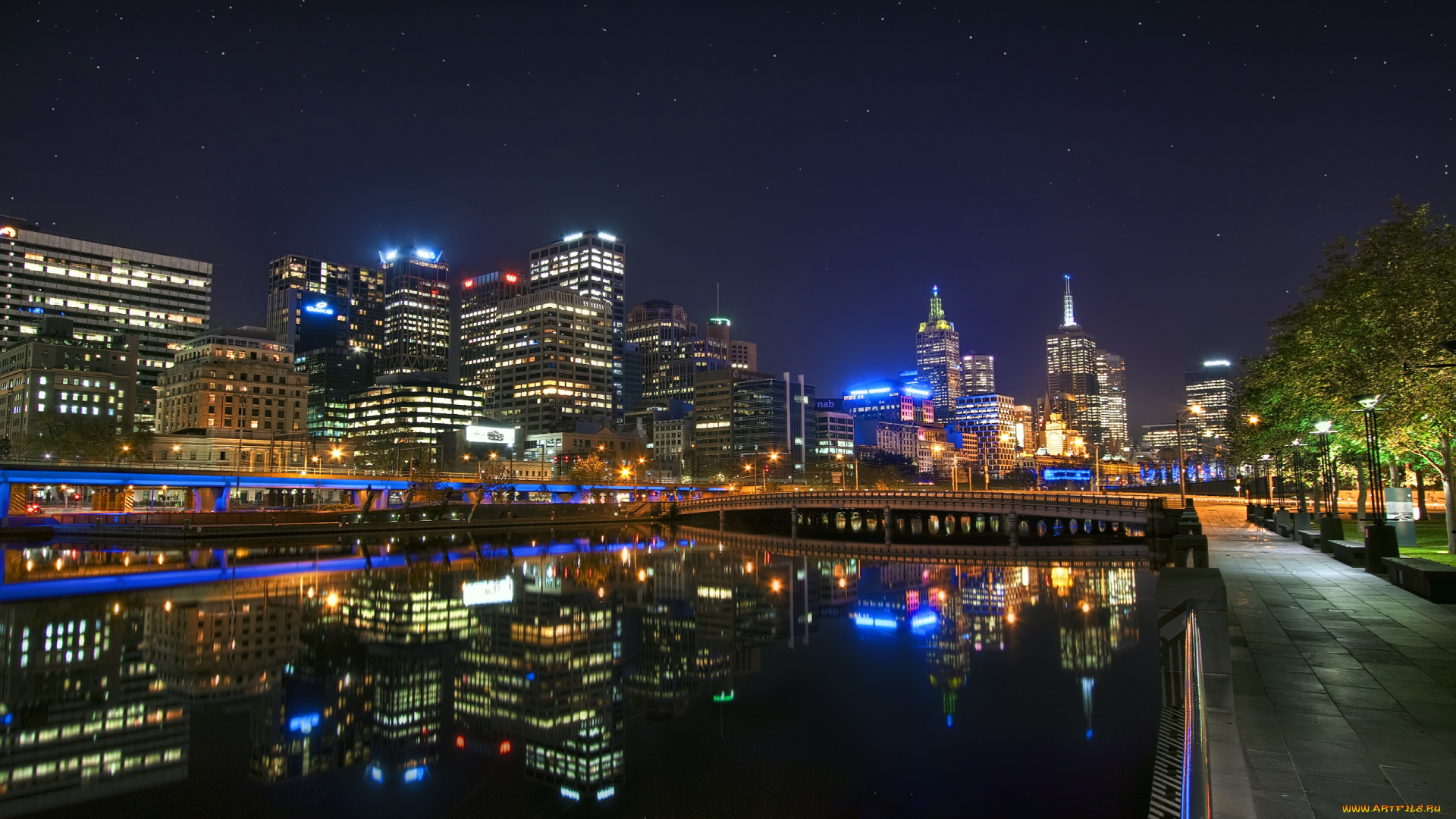 melbourne, australia, города, огни, ночного, набережная, мельбурн, мост