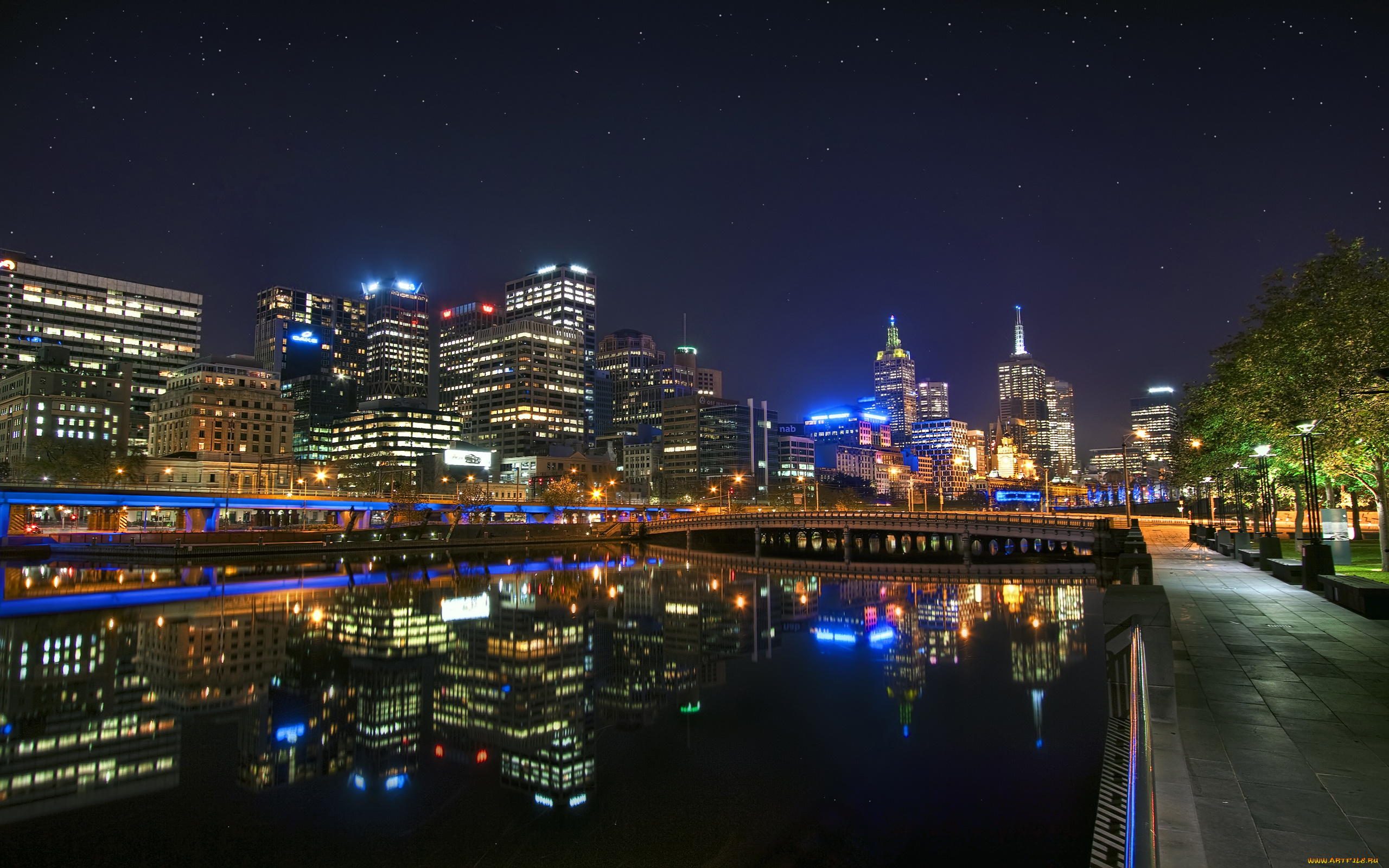 melbourne, australia, города, огни, ночного, набережная, мельбурн, мост