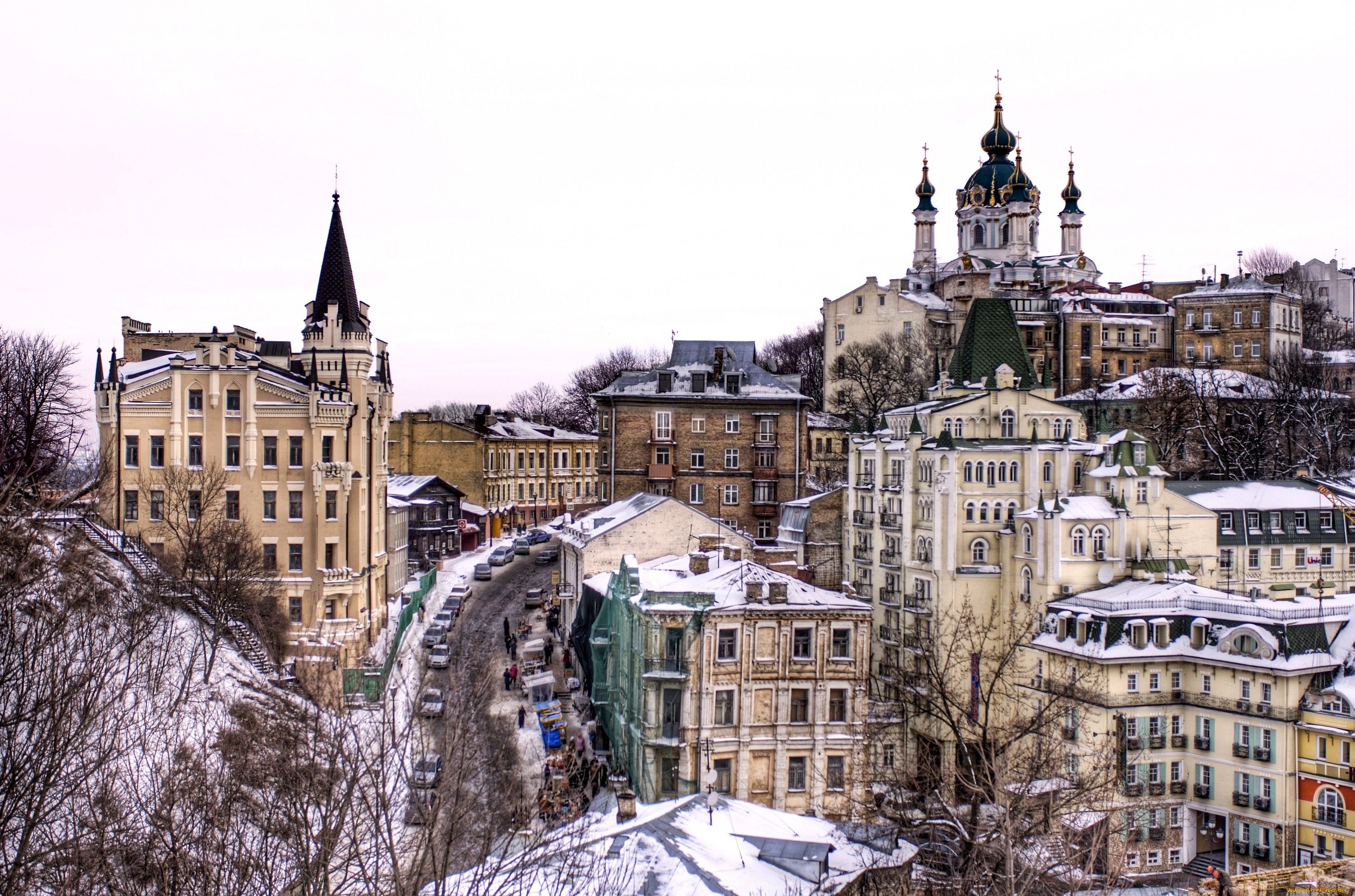 андреевский, спуск, киев, украина, города, дорога, церковь, зима, дома