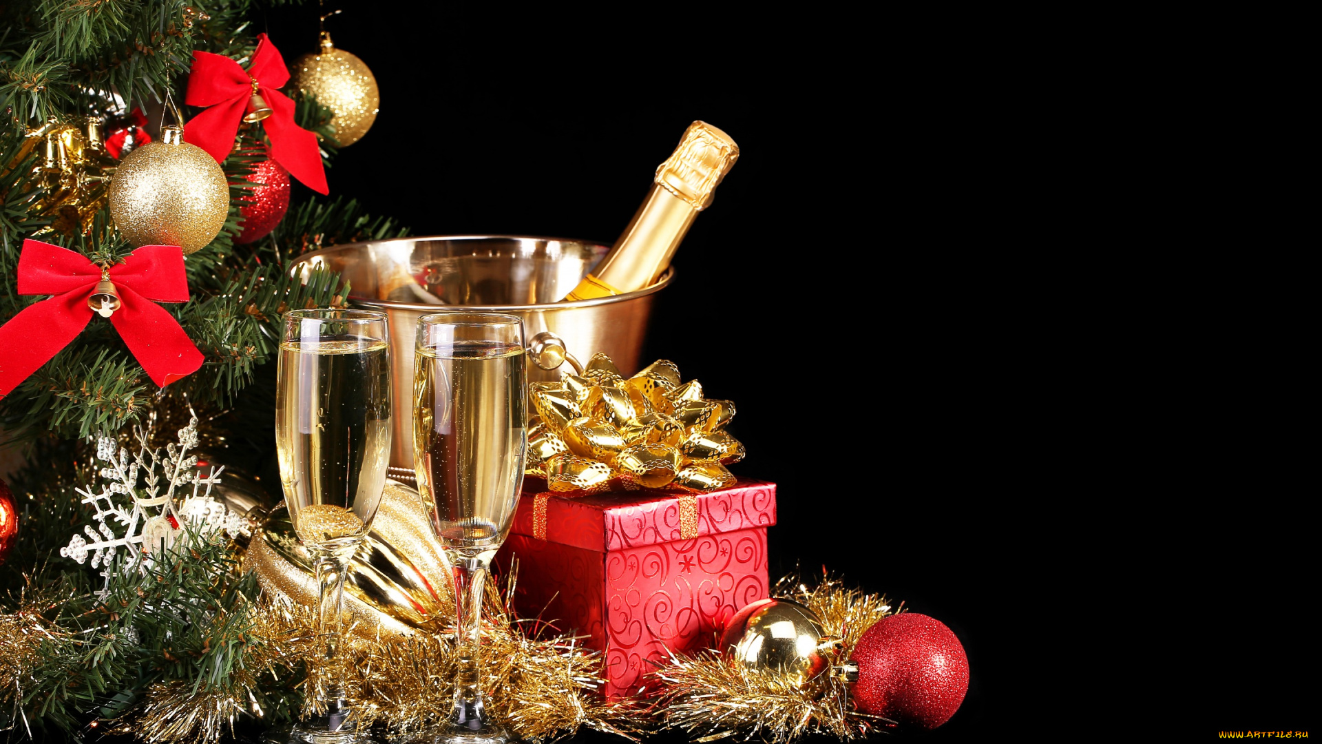праздничные, угощения, бокалы, подарок, елка, шампанское, украшения, новый, год