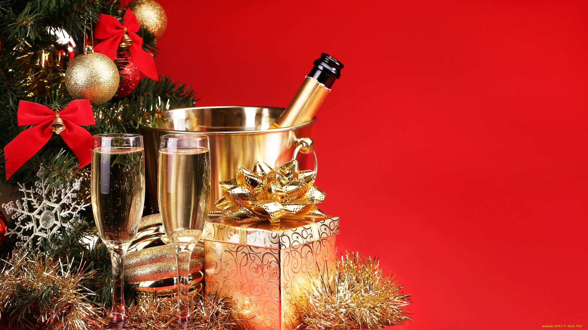 праздничные, угощения, новый, год, бокалы, подарок, елка, шампанское, украшения