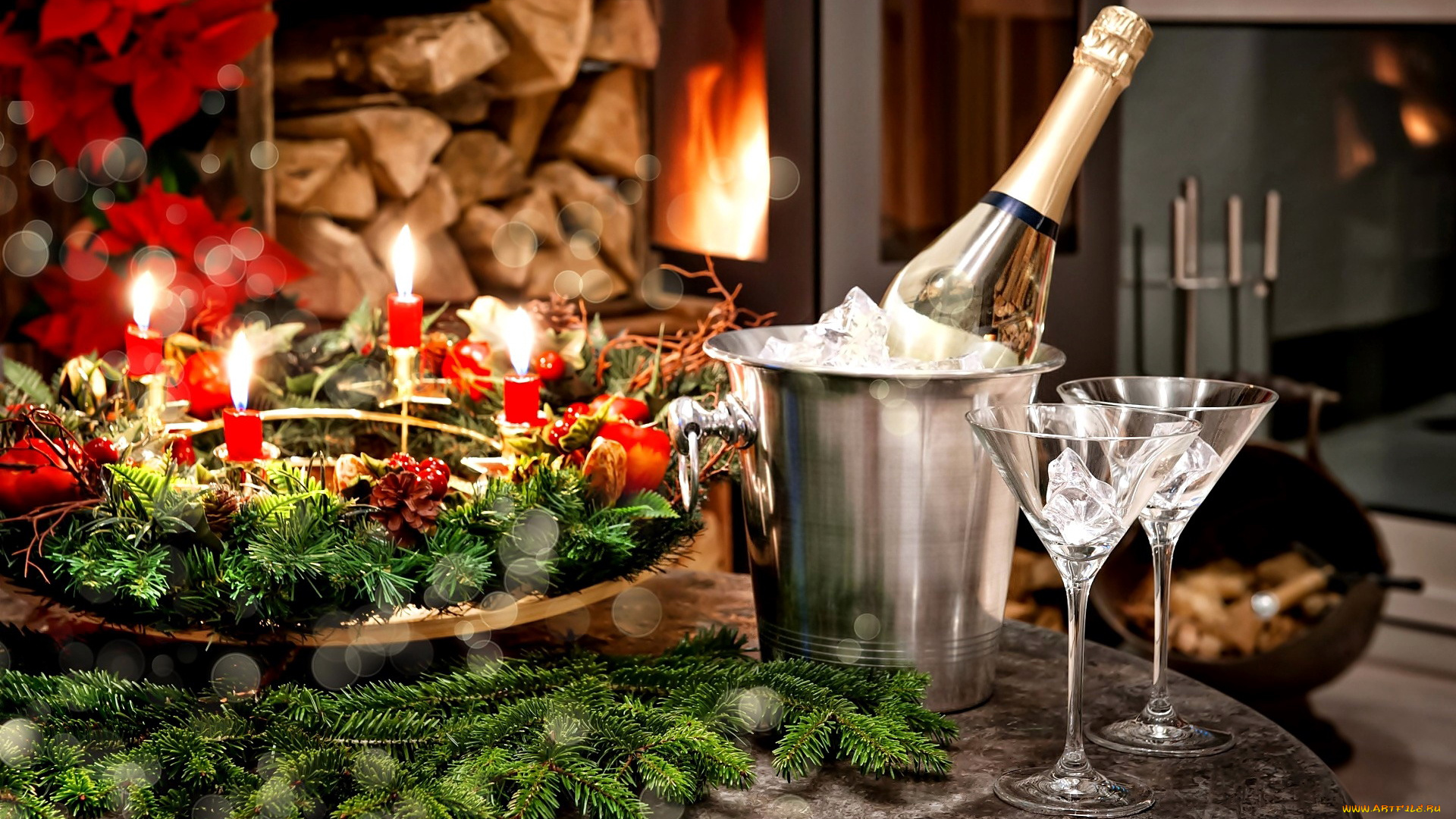 праздничные, сервировка, шампанское, бокалы, рождественский, венок
