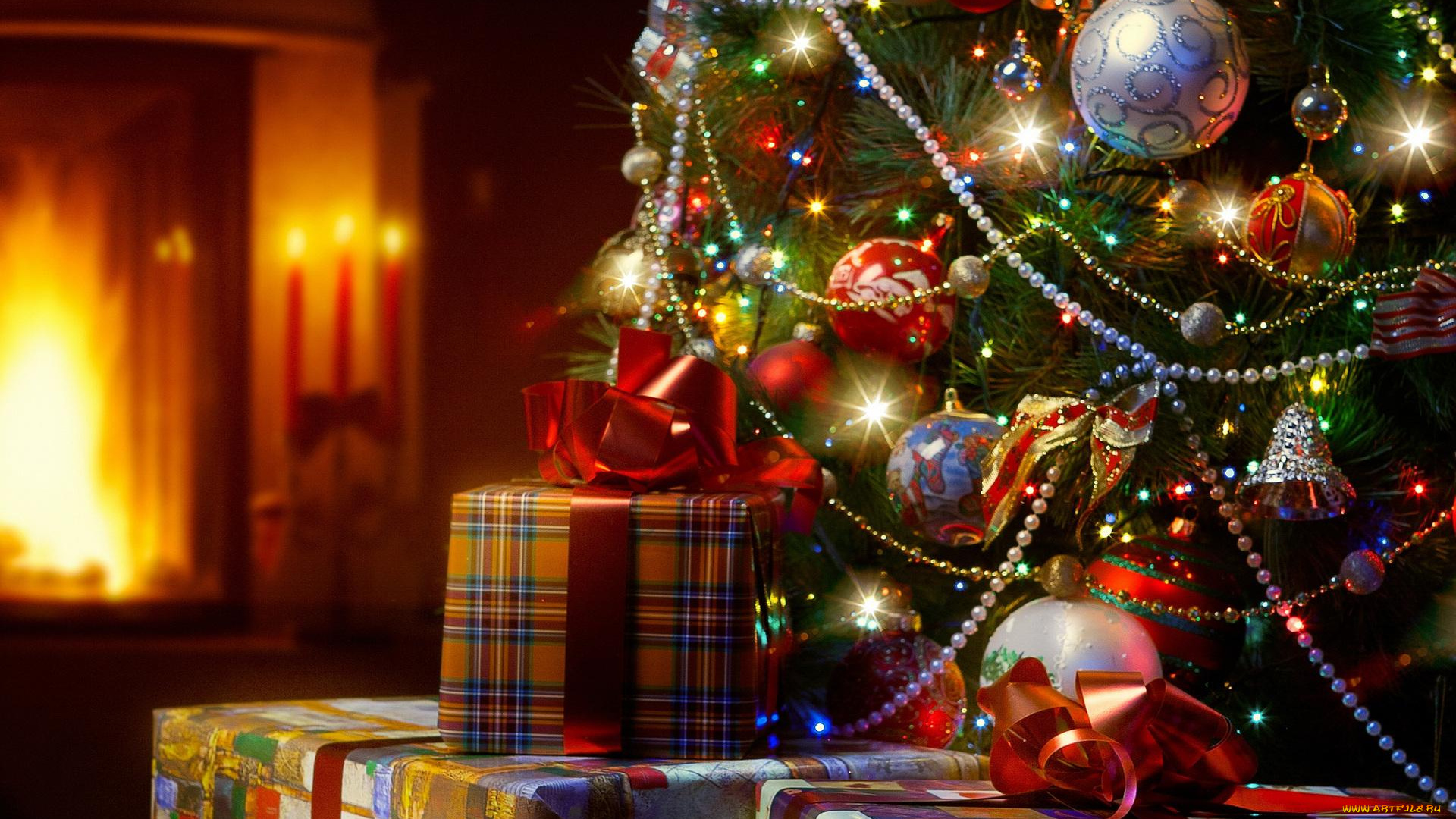 праздничные, Ёлки, ёлка, подарки, свечи, камин, коробки, украшения, свет, гирлянды