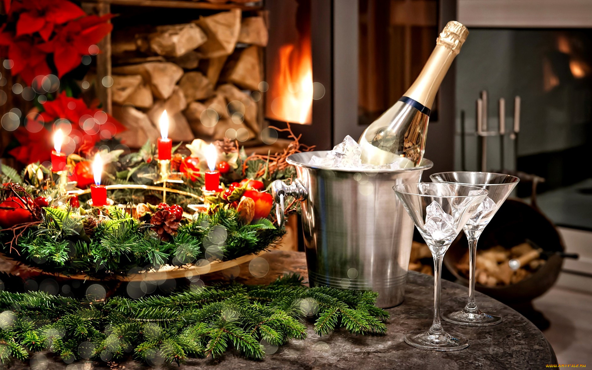 праздничные, сервировка, шампанское, бокалы, рождественский, венок