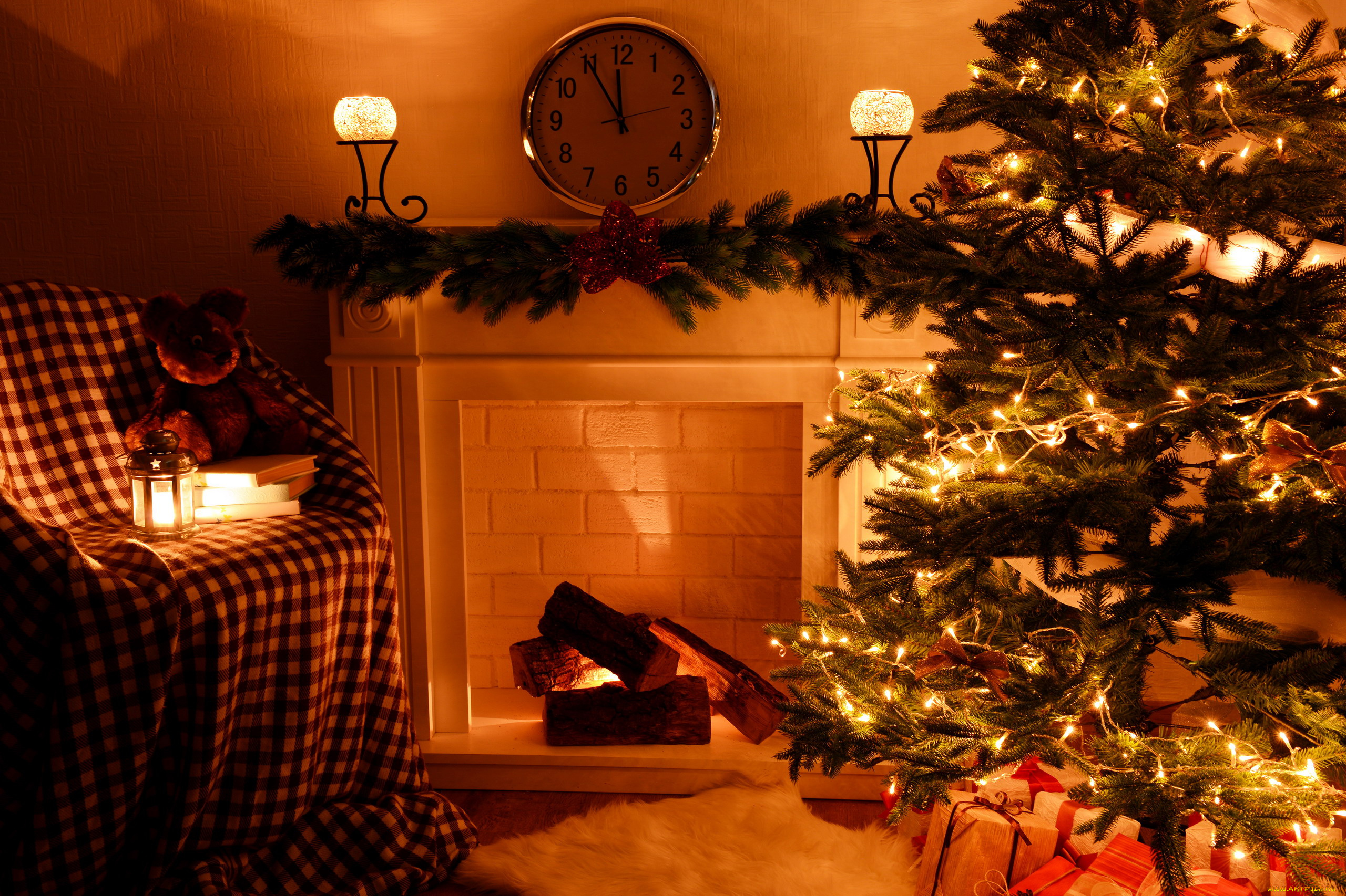 праздничные, новогодний, очаг, часы, поленья, камин, елка, кресло