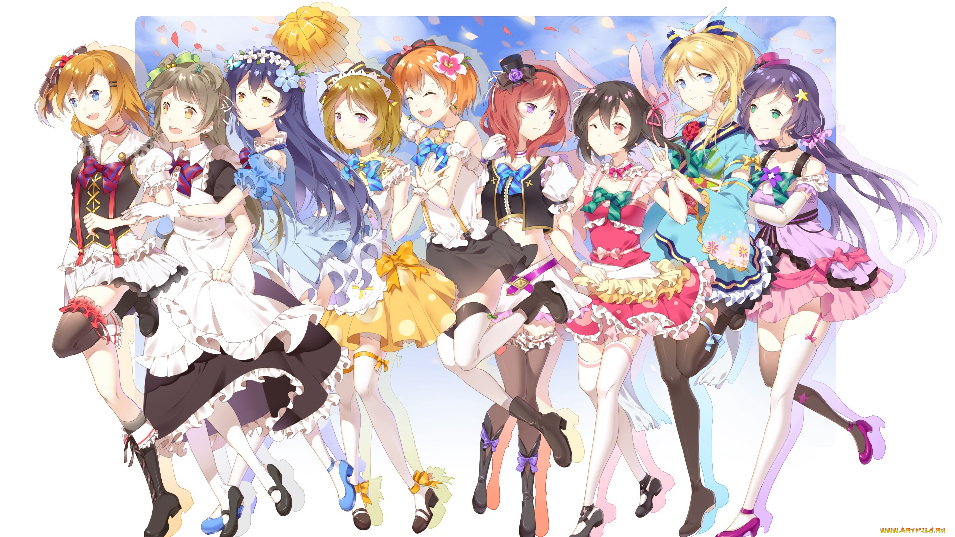 аниме, love, live, , school, idol, project, взгляд, девушки, фон