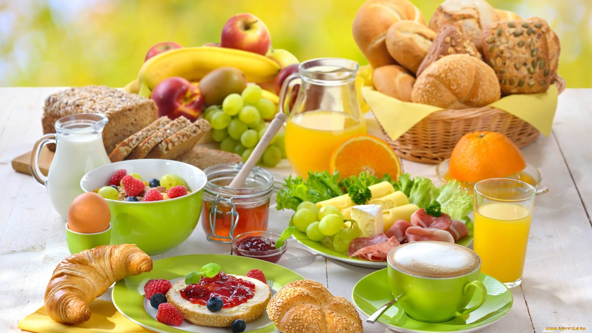 еда, разное, фрукты, завтрак, варенье, мед, молоко, хлеб