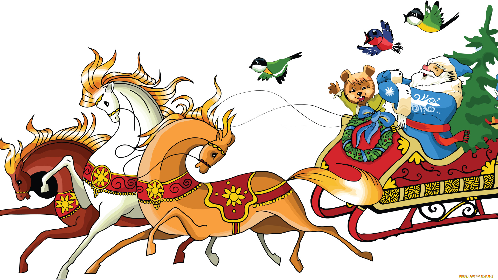 Тройка лошадей Деда Мороза мультяшная картинка для детей