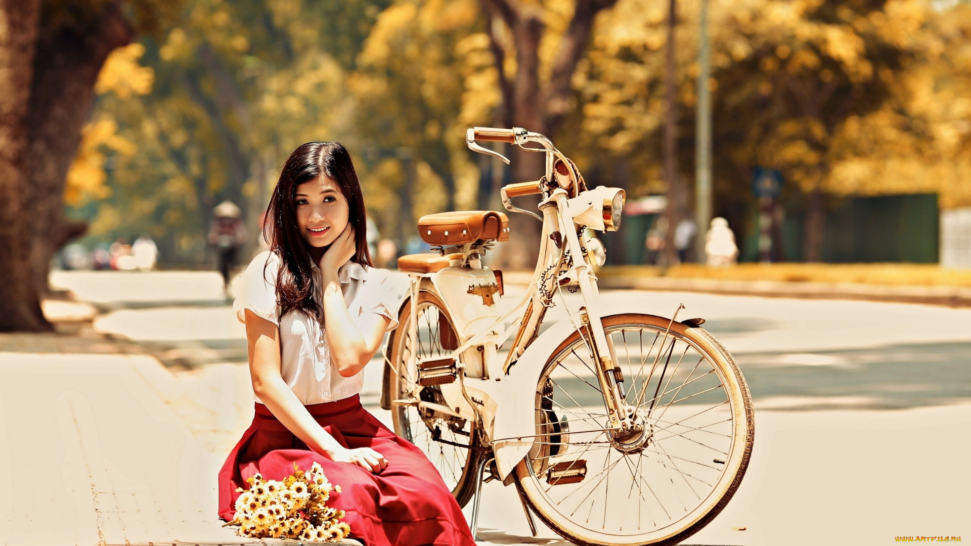 девушки, -, азиатки, велосипед