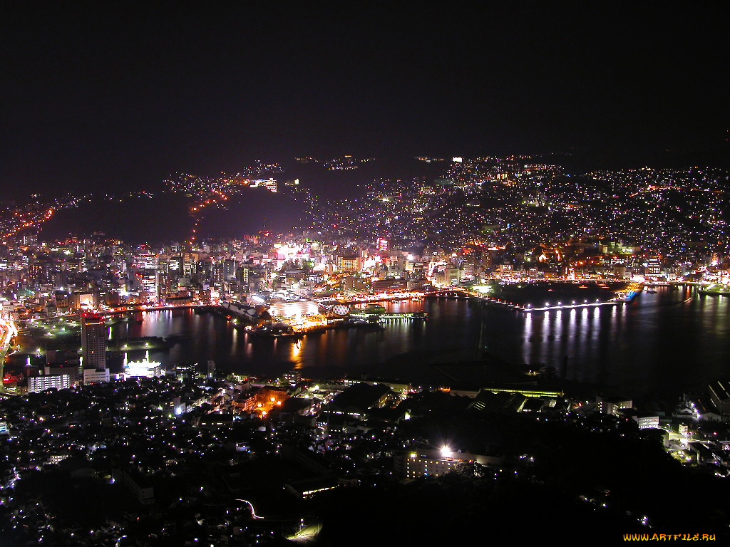 города, огни, ночного, nagasaki, japan