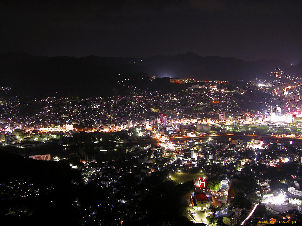 города, огни, ночного, nagasaki, japan