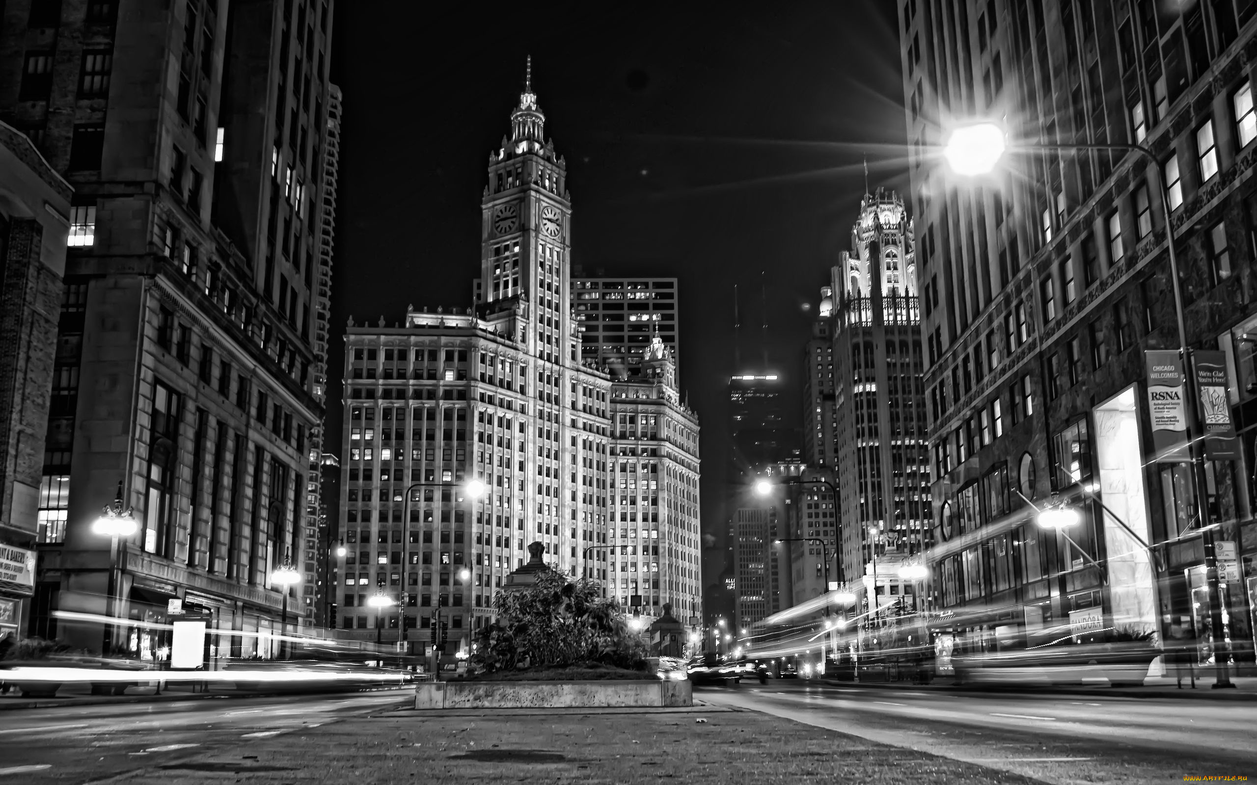 города, огни, ночного, wrigley, building, chicago, illinois