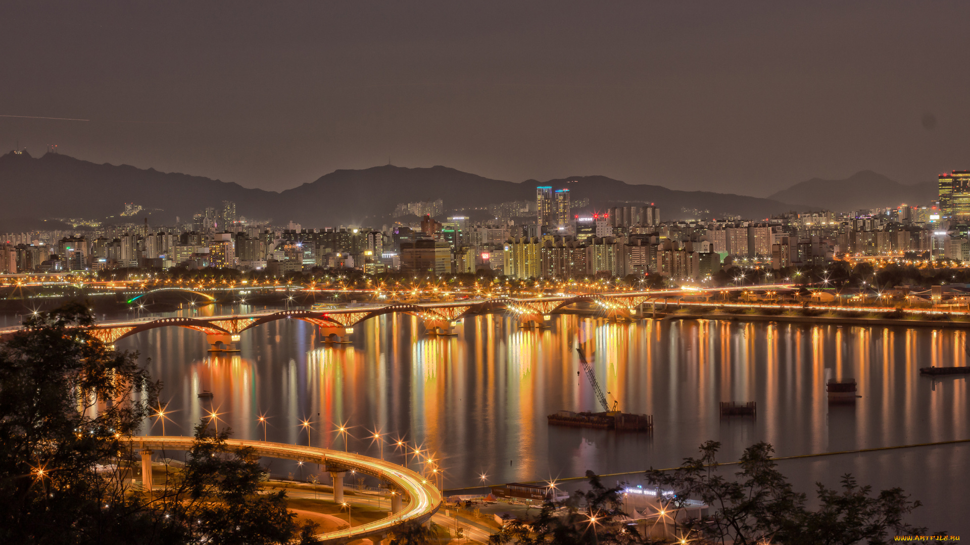 города, огни, ночного, мост, здания, seoul, korea