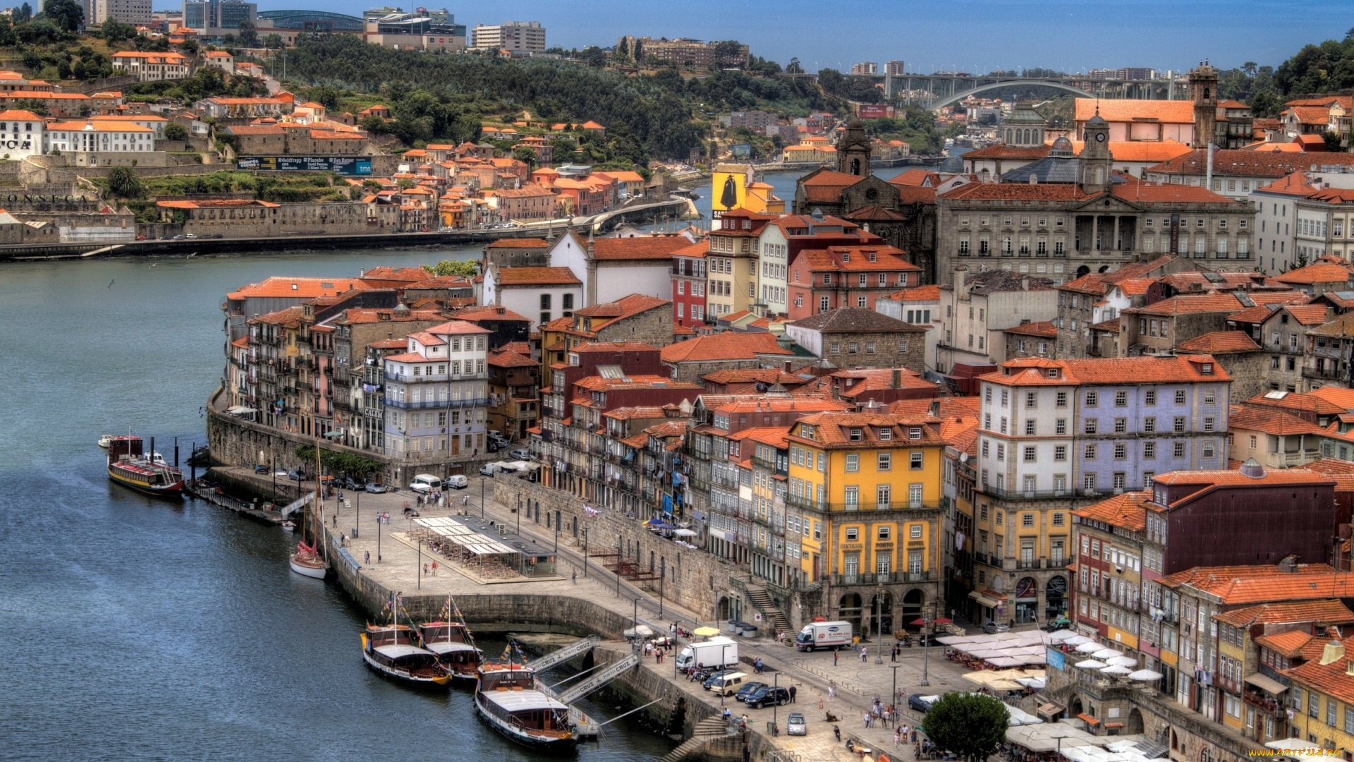 порту, португалия, города, панорамы, мост, лодки, дома, вода