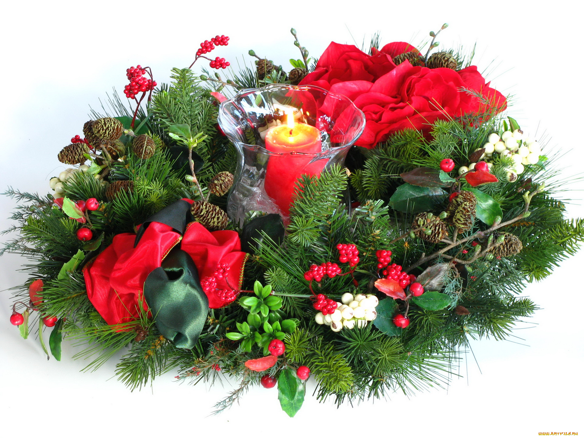 праздничные, украшения, розы, еловые, ветки, свеча