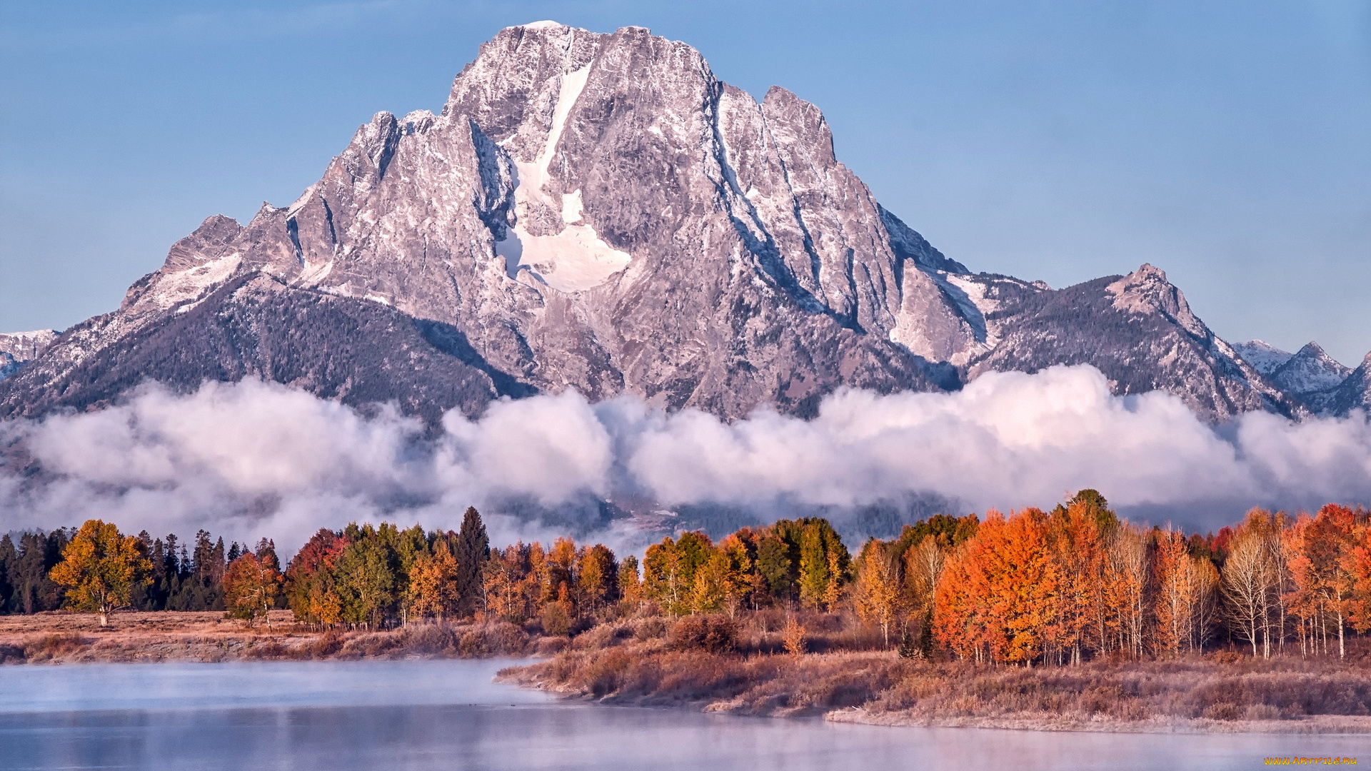 природа, горы, туман, гора, река, деревья, осень