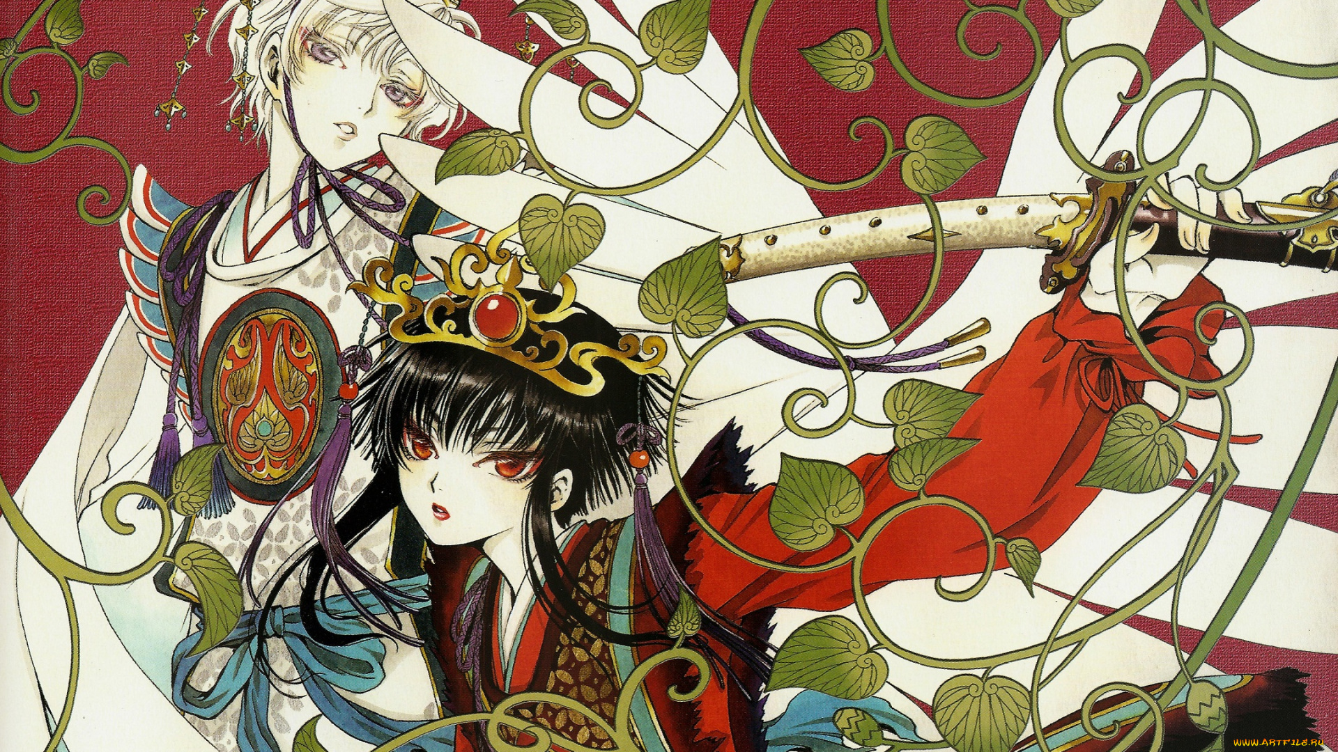 аниме, оружие, , техника, , технологии, clamp, art, корона, рукоятка, катана, tkugawa, lemitsu, крылья, костюм, красные, глаза, листья, hana, gate, 7