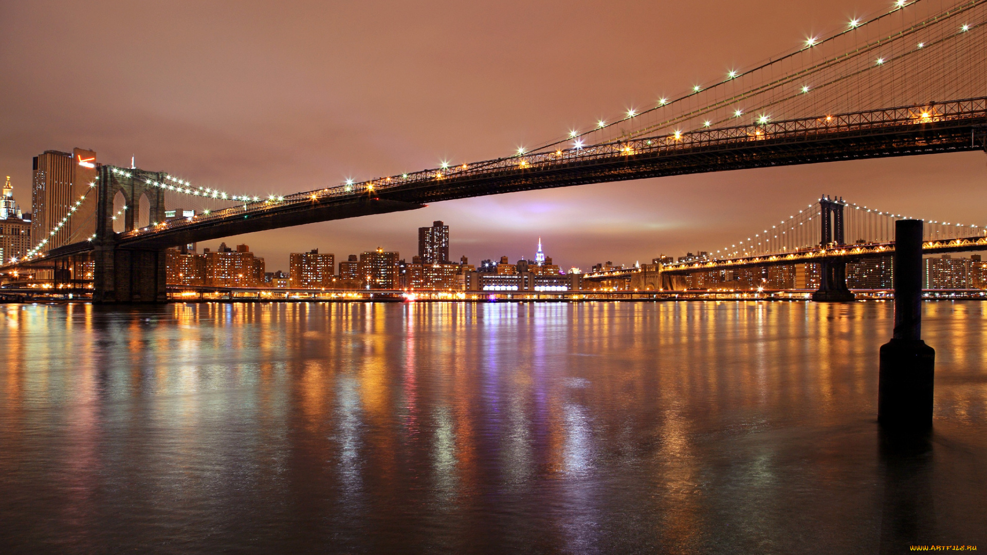 brooklyn, bridge, города, нью-йорк, , сша, ночь, мост, огни
