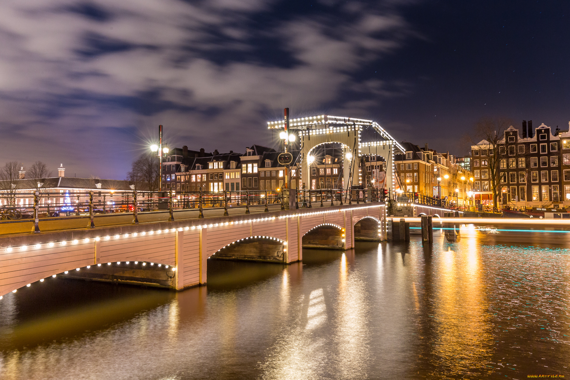 magere, brug, , amsterdam, города, амстердам, , нидерланды, ночь, канал, мост, огни