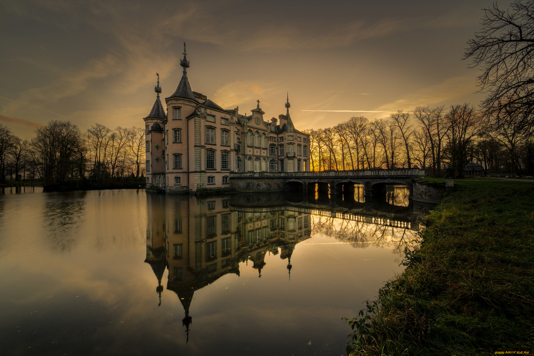 kasteel, van, poeke, города, замки, бельгии, замок, сумерки, пруд