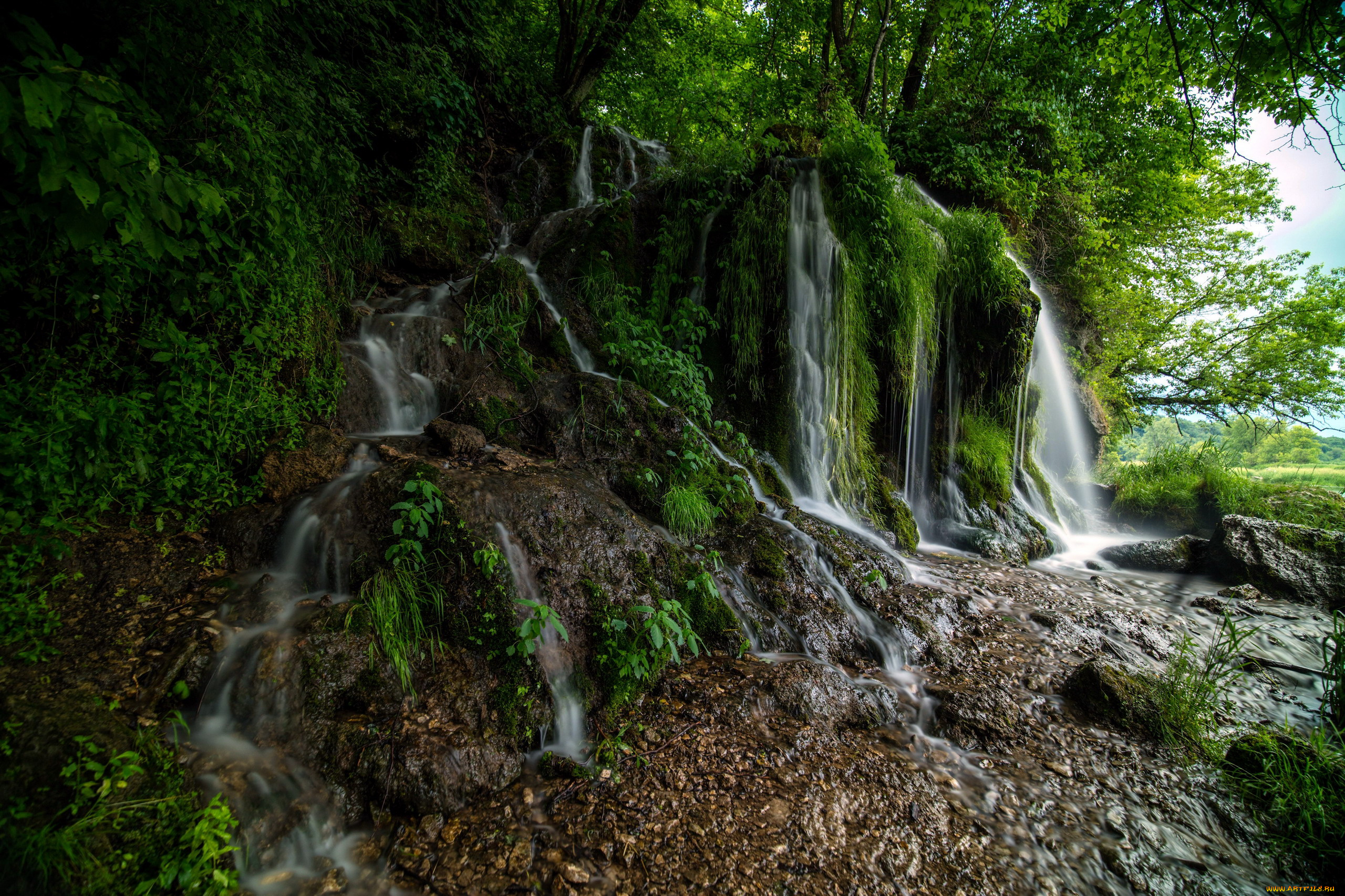 природа, водопады, зелень, потоки