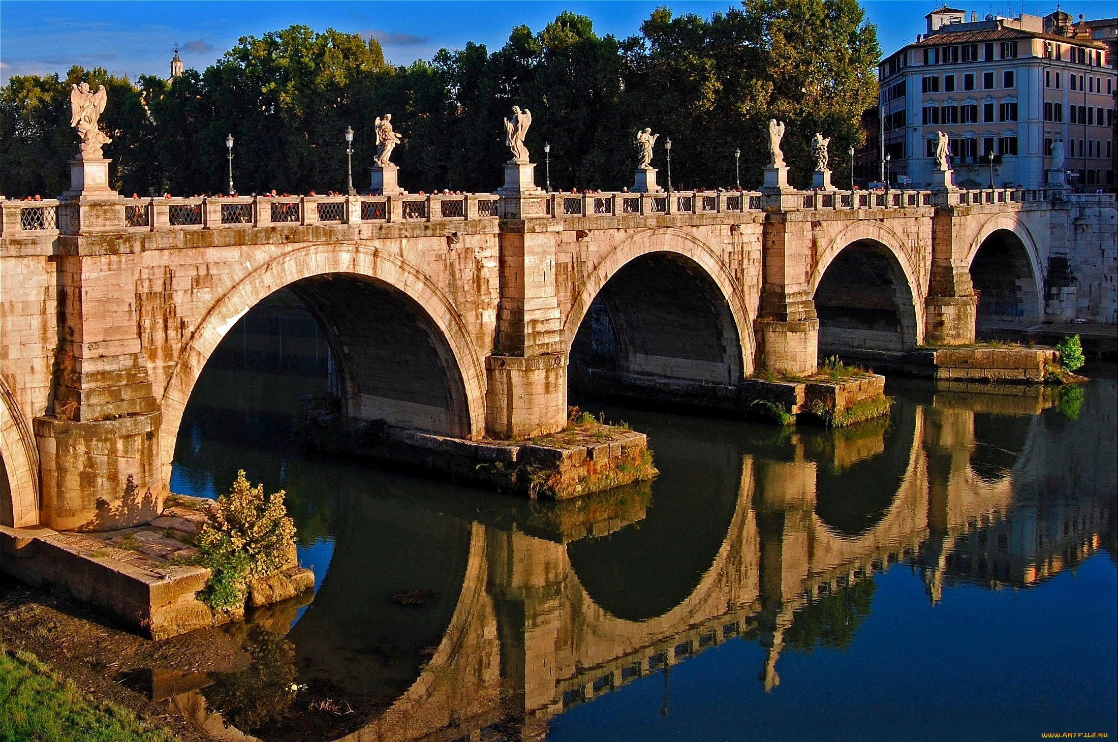 мост, понте, сент, анджело, рим, италия, города, ватикан, отражение, вода, арки, каменный