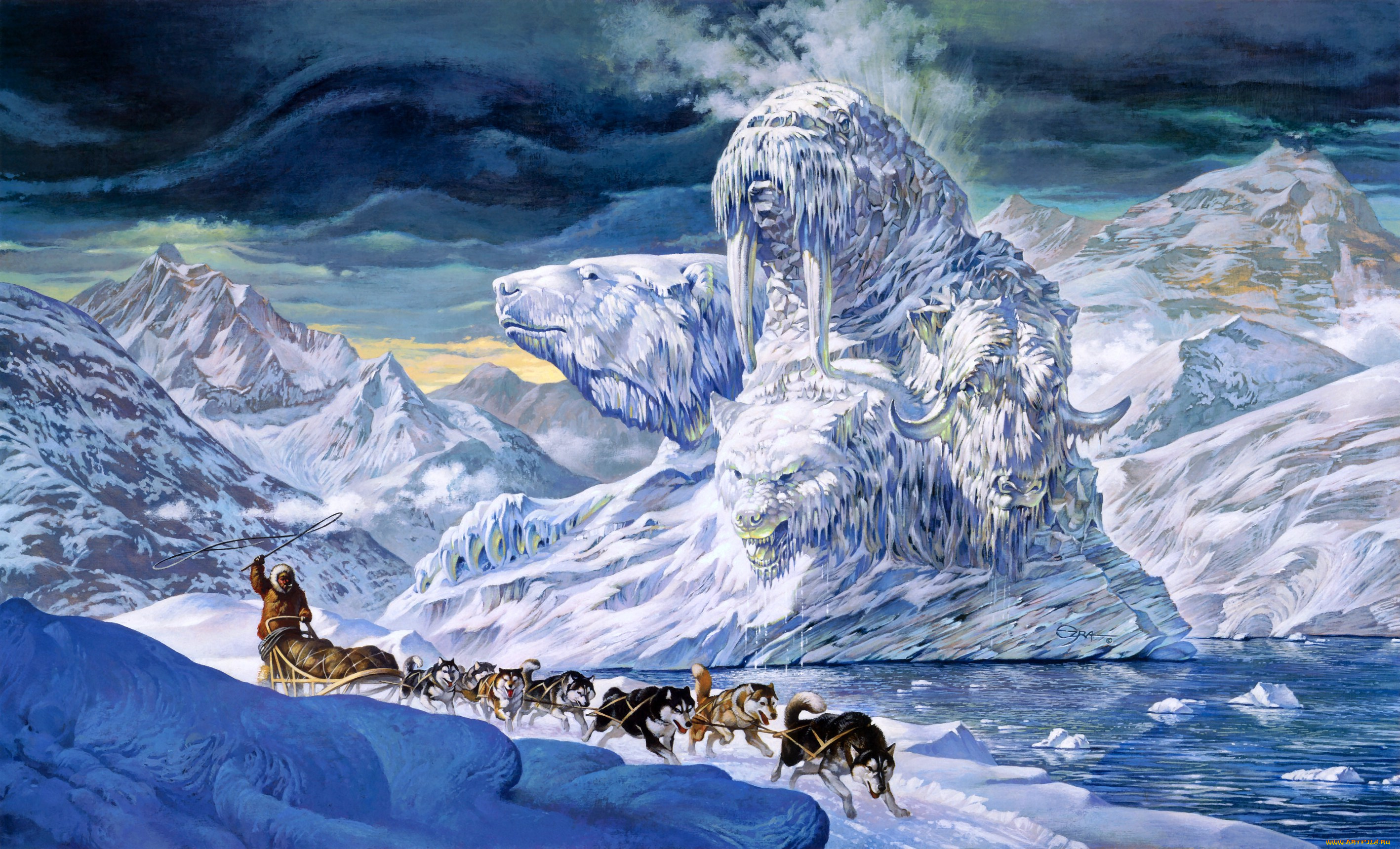 arctic, iceberg, рисованные, ezra, tucker, фантастика, арктика, горы, айсберг, упряжка, собак