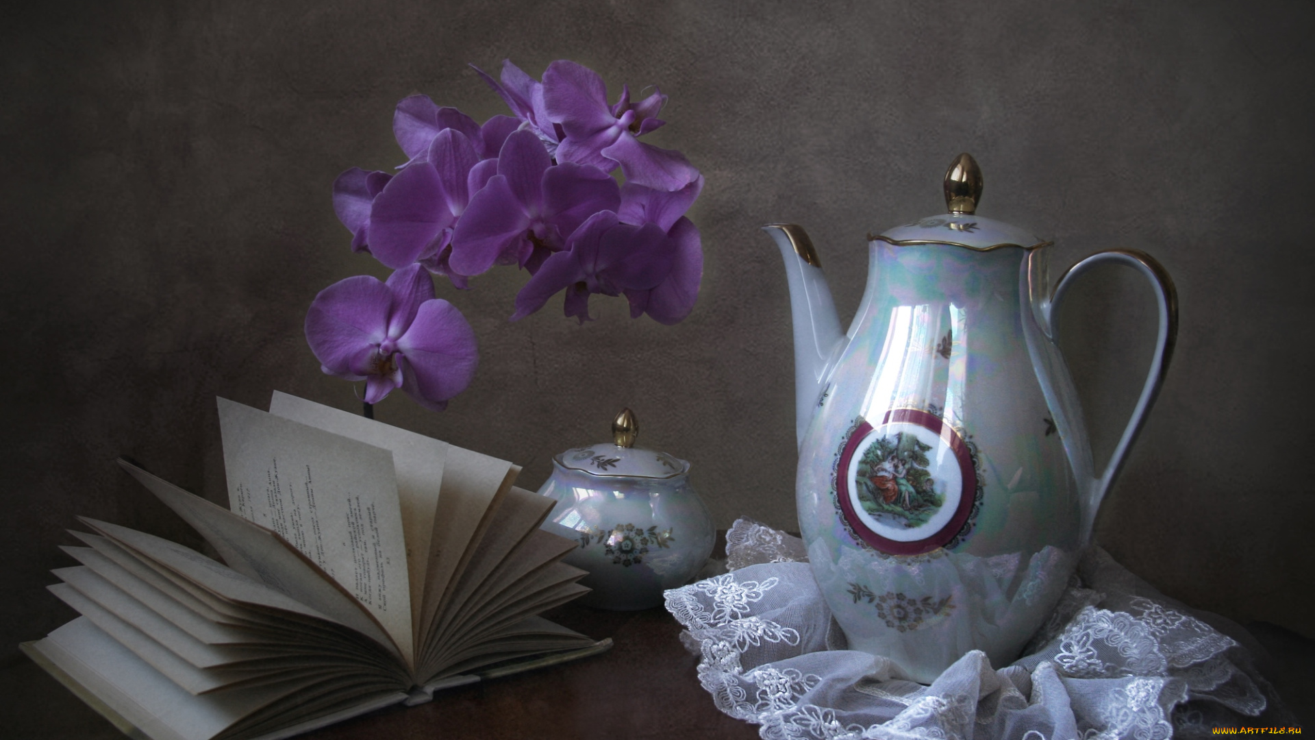 цветы, орхидеи, натюрморт, чайник, книга