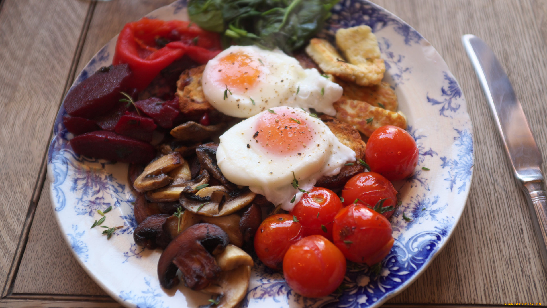 еда, Яичные, блюда, помидор, грибы, яйца