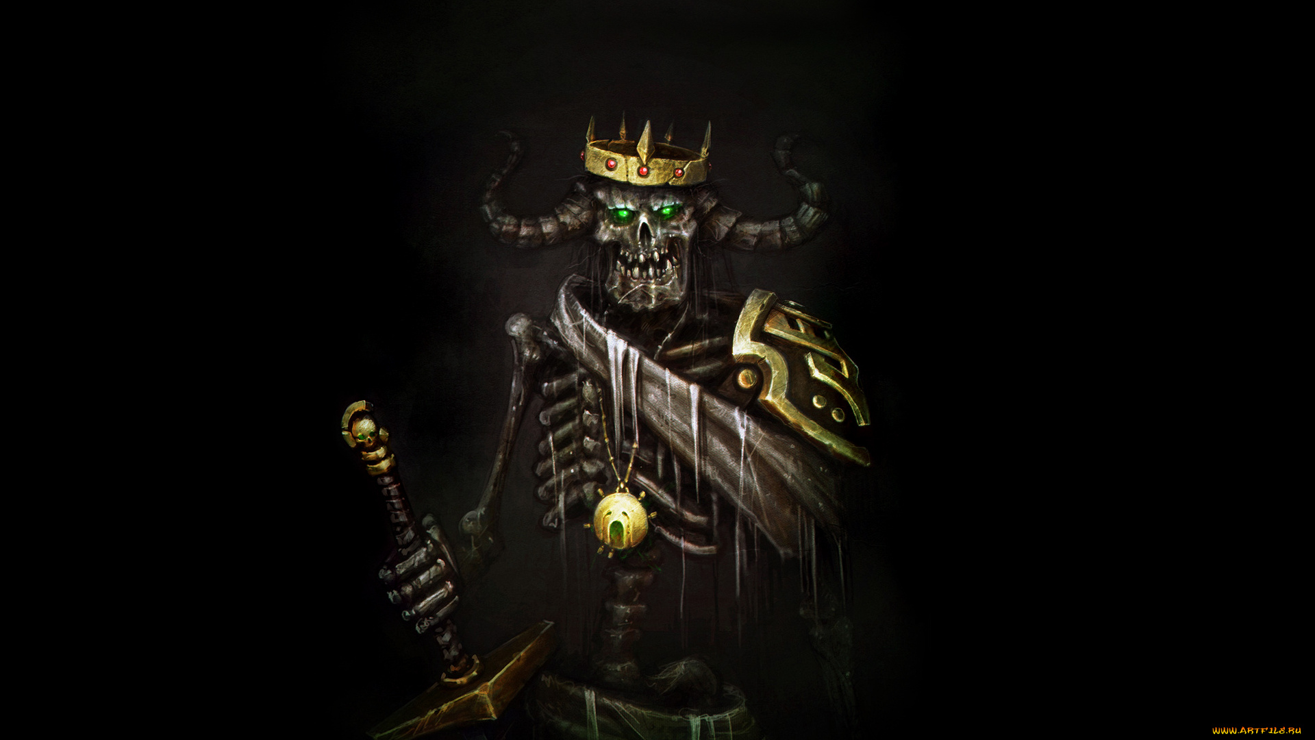 скелет, фэнтези, нежить, король, меч, череп, корона