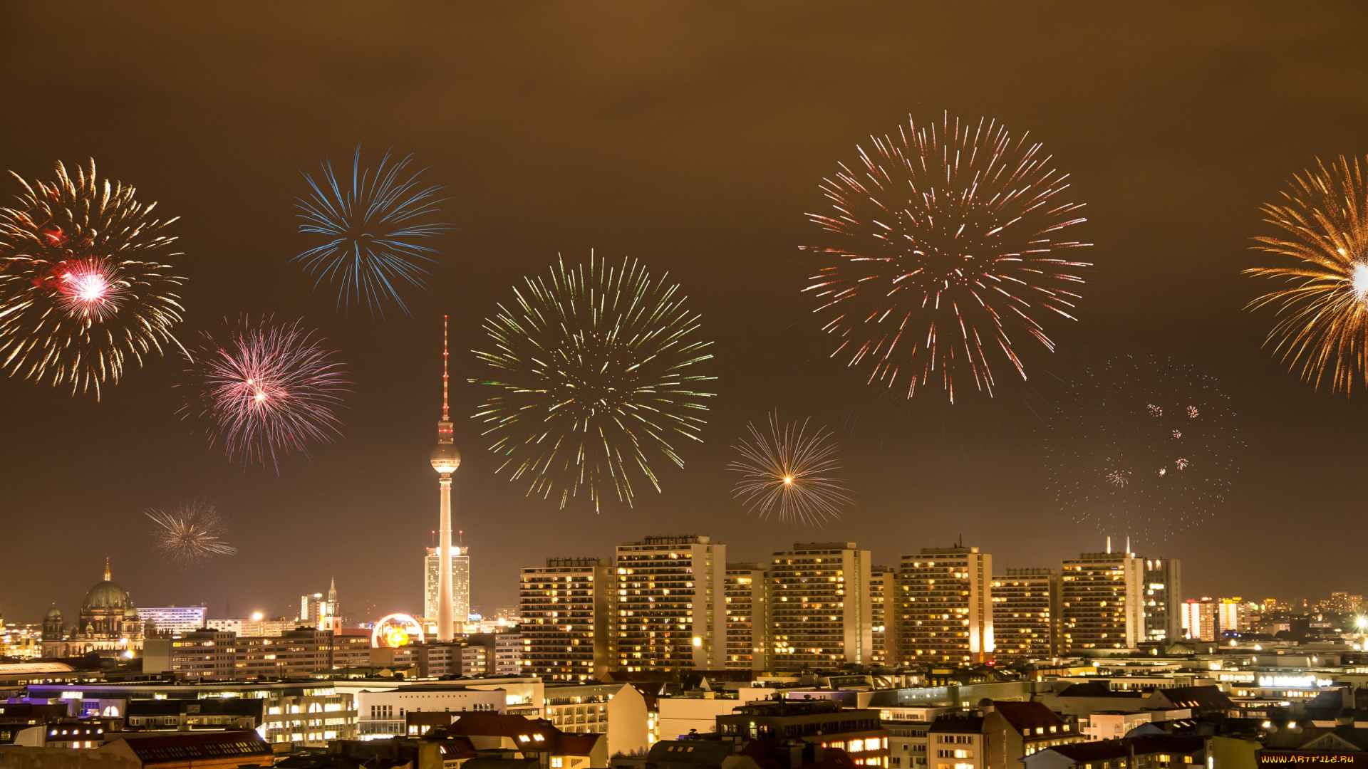 разное, салюты, , фейерверки, midnight, fireworks, buildings, огни, cityscape, city, полночь, германия, берлин, germany, berlin, здания, фейерверки, городской, пейзаж, город, lights