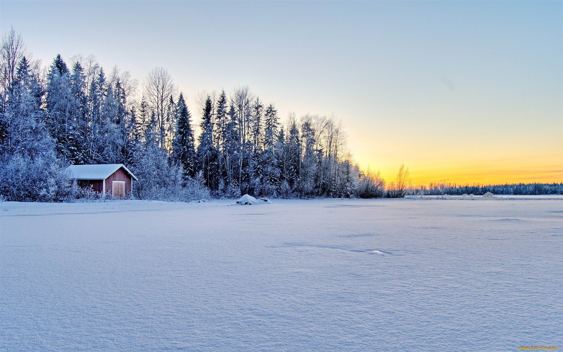 природа, зима, деревья, домик, снег