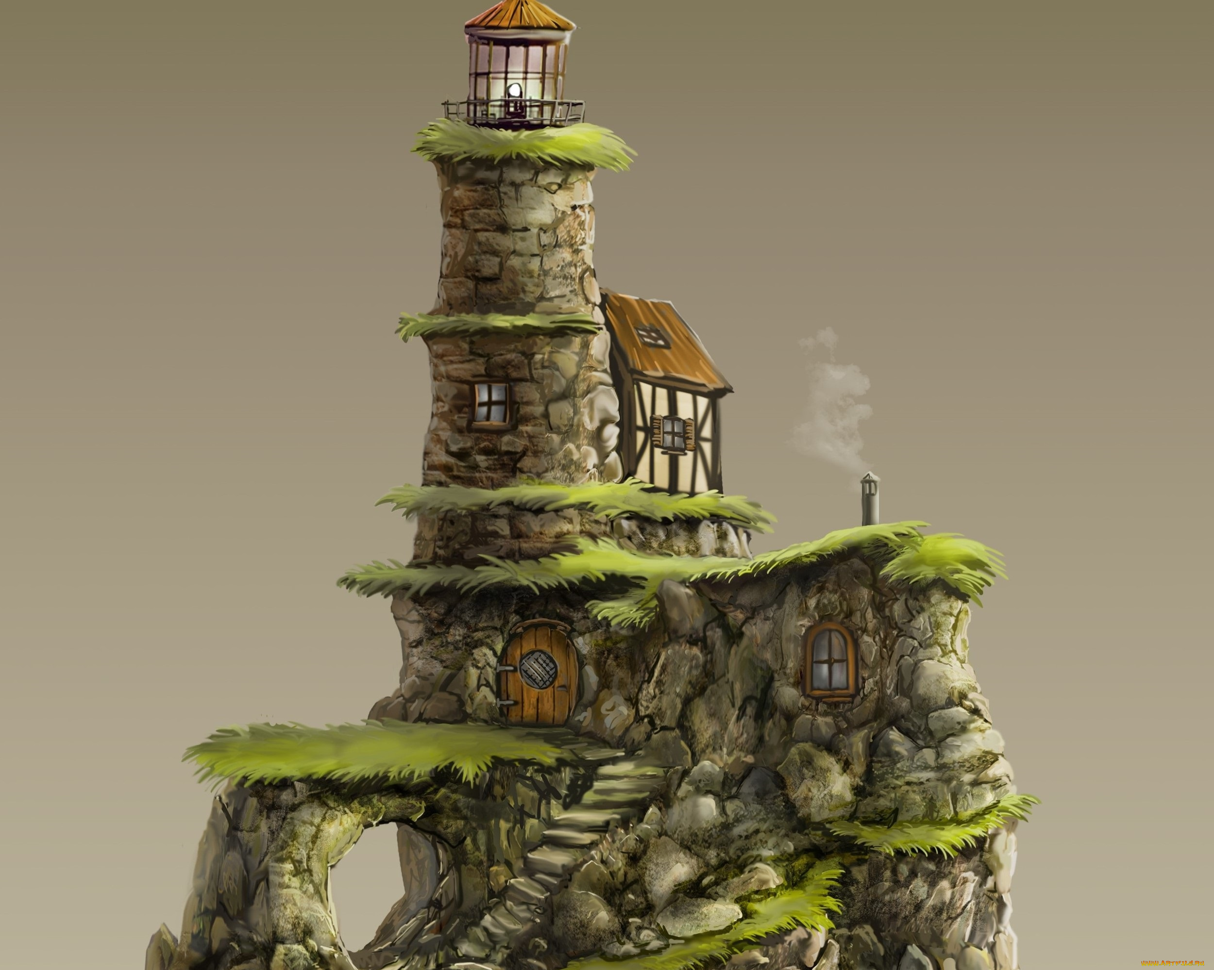 рисованное, -, другое, маяк, трава, лестница, башня, домик