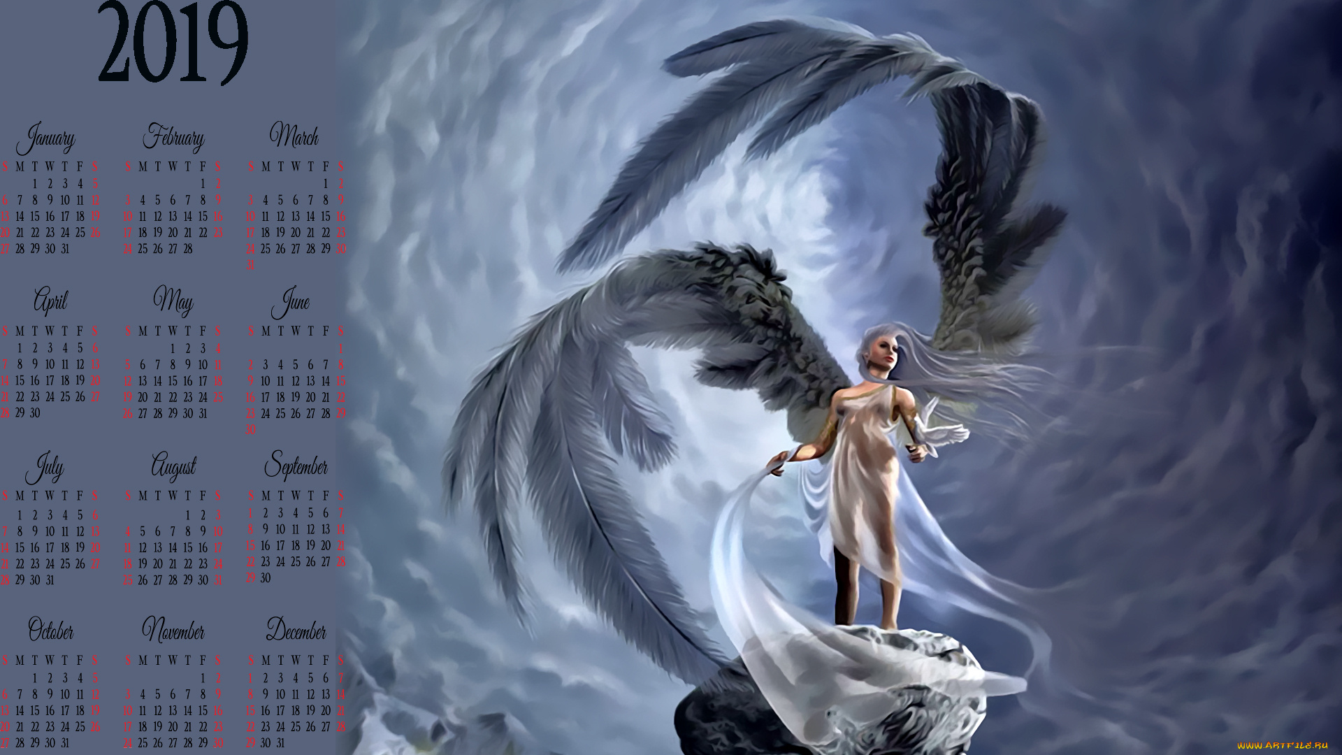 календари, фэнтези, камень, девушка, крылья