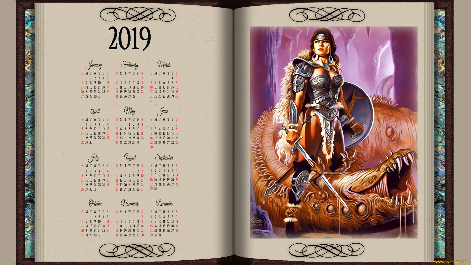 календари, фэнтези, оружие, девушка, воительница, чудовище