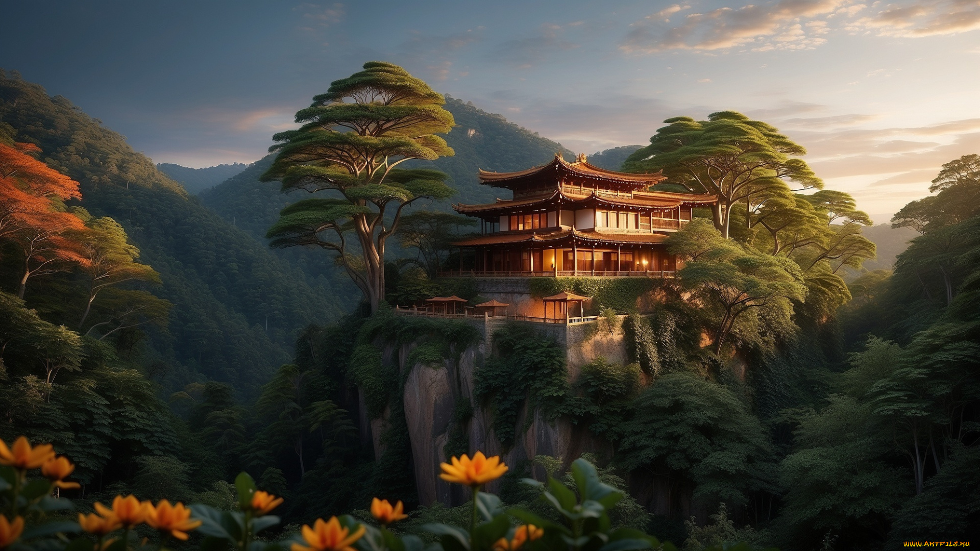 3д, графика, природа, , nature, house, trees, mountains, artwork, chinese, architecture